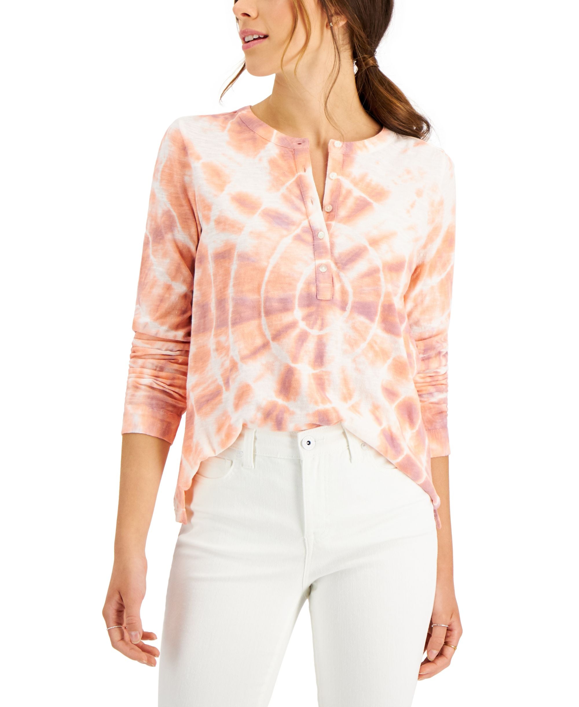 Style & Co Petite Tie Dyed Cotton Henley Top
