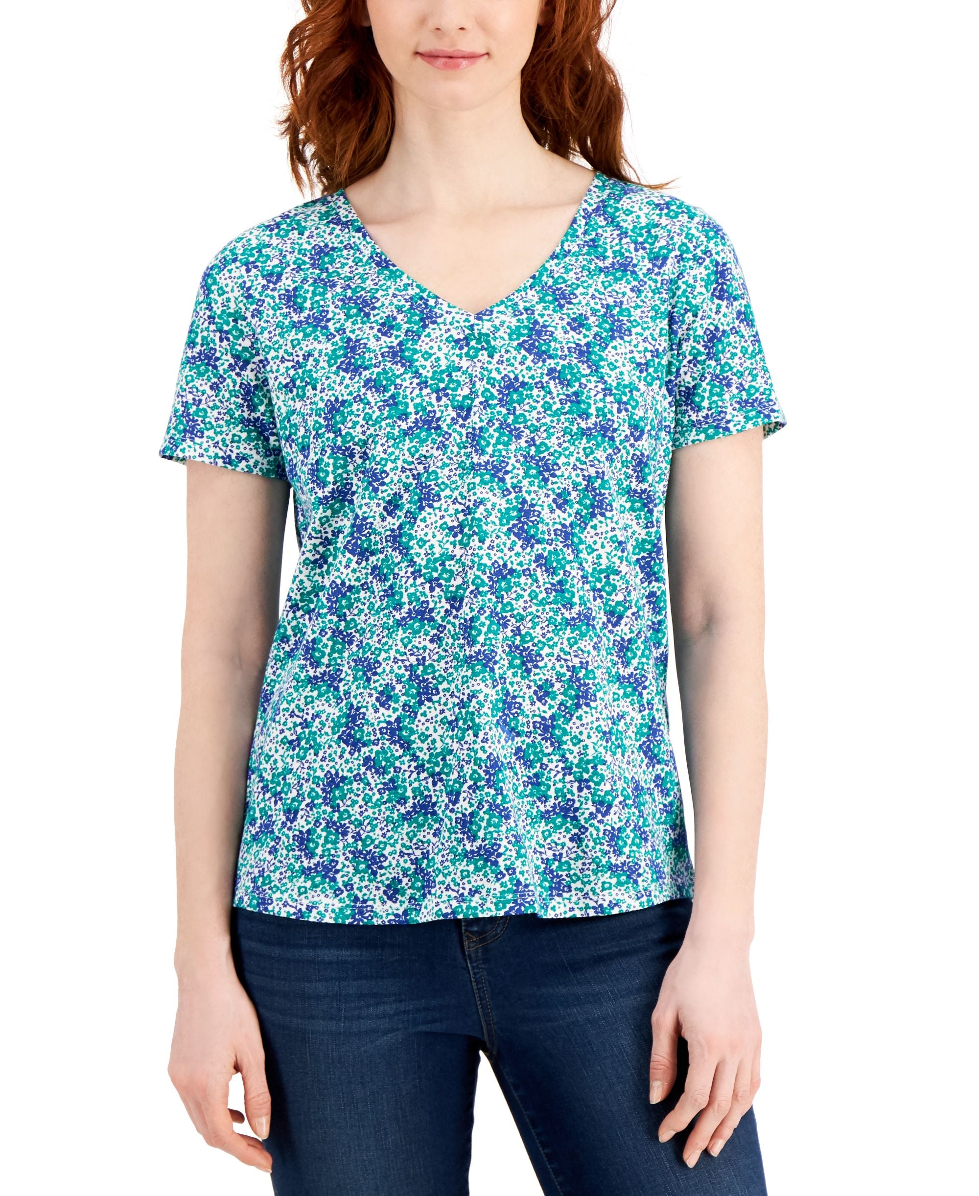 Style & Co Womens Cotton Printed V Neck T-Shirt