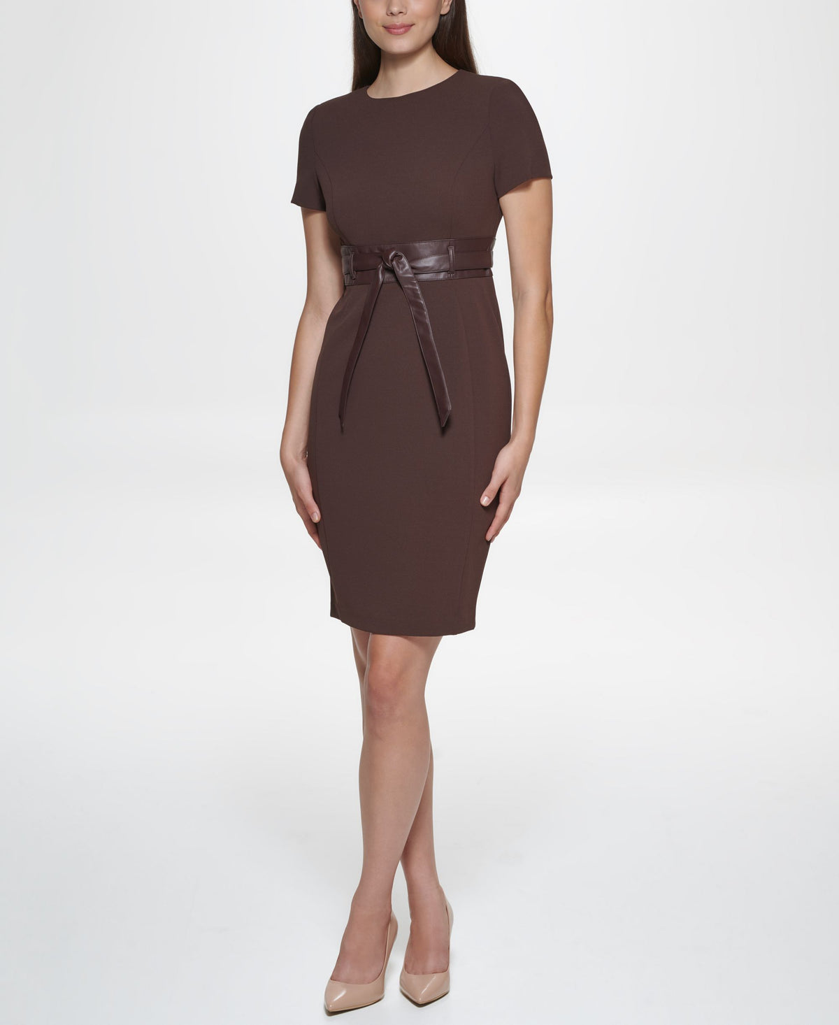 Solid Faux-Leather Tie-Waist Sheath Dress