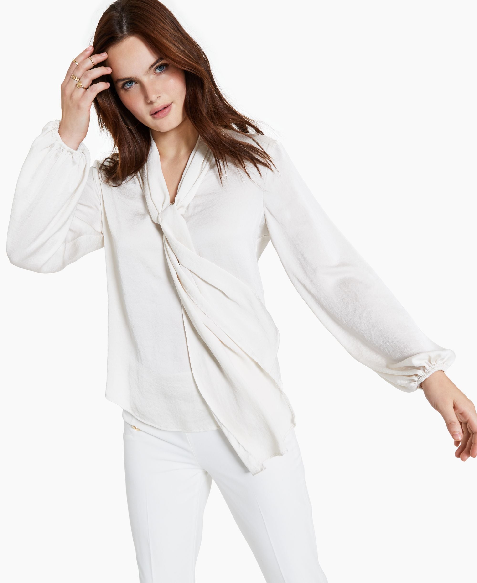 Women's Tie Neck Cinched Sleeve Blouse