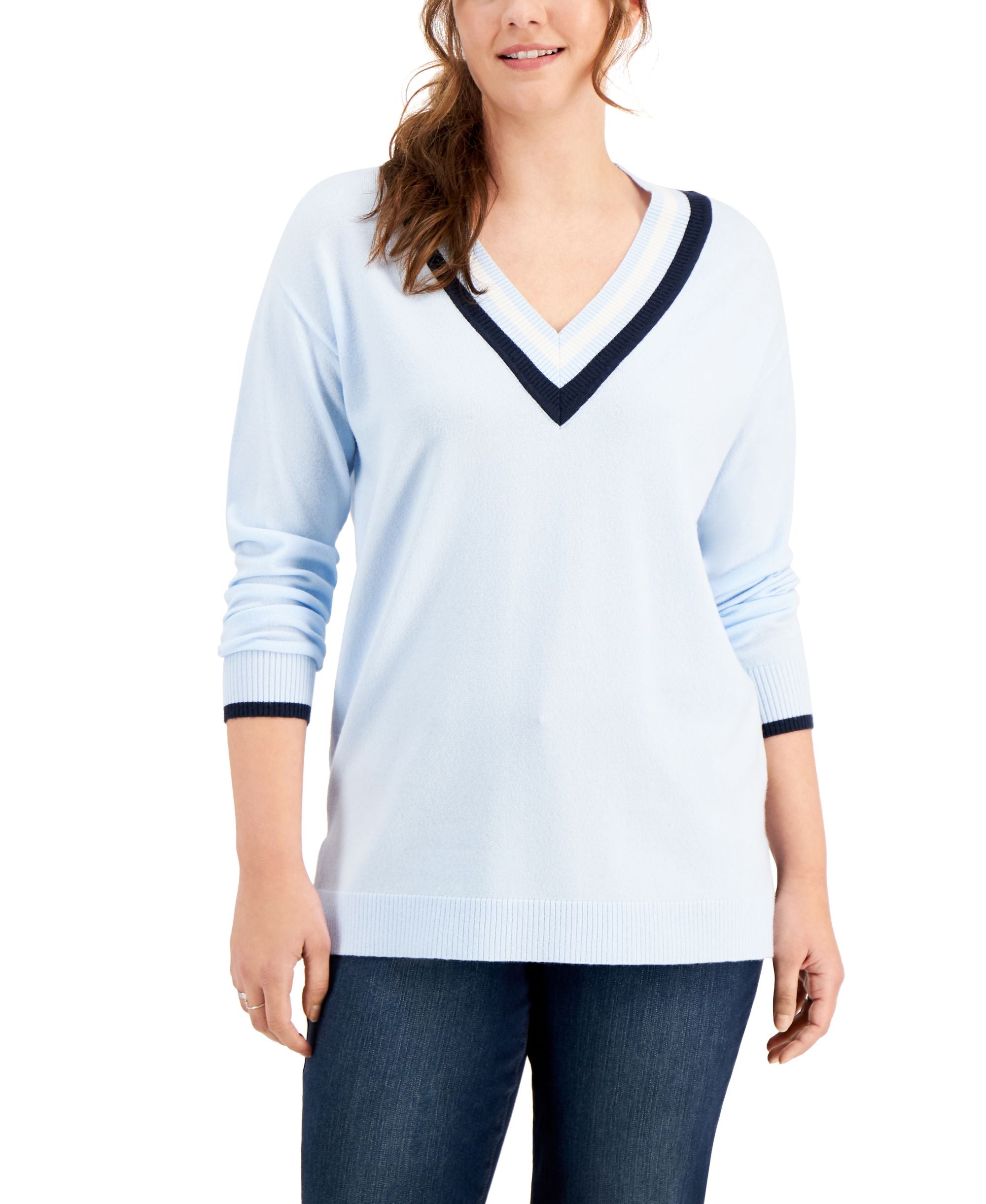 Style & Co V Neck Striped Trim Sweater