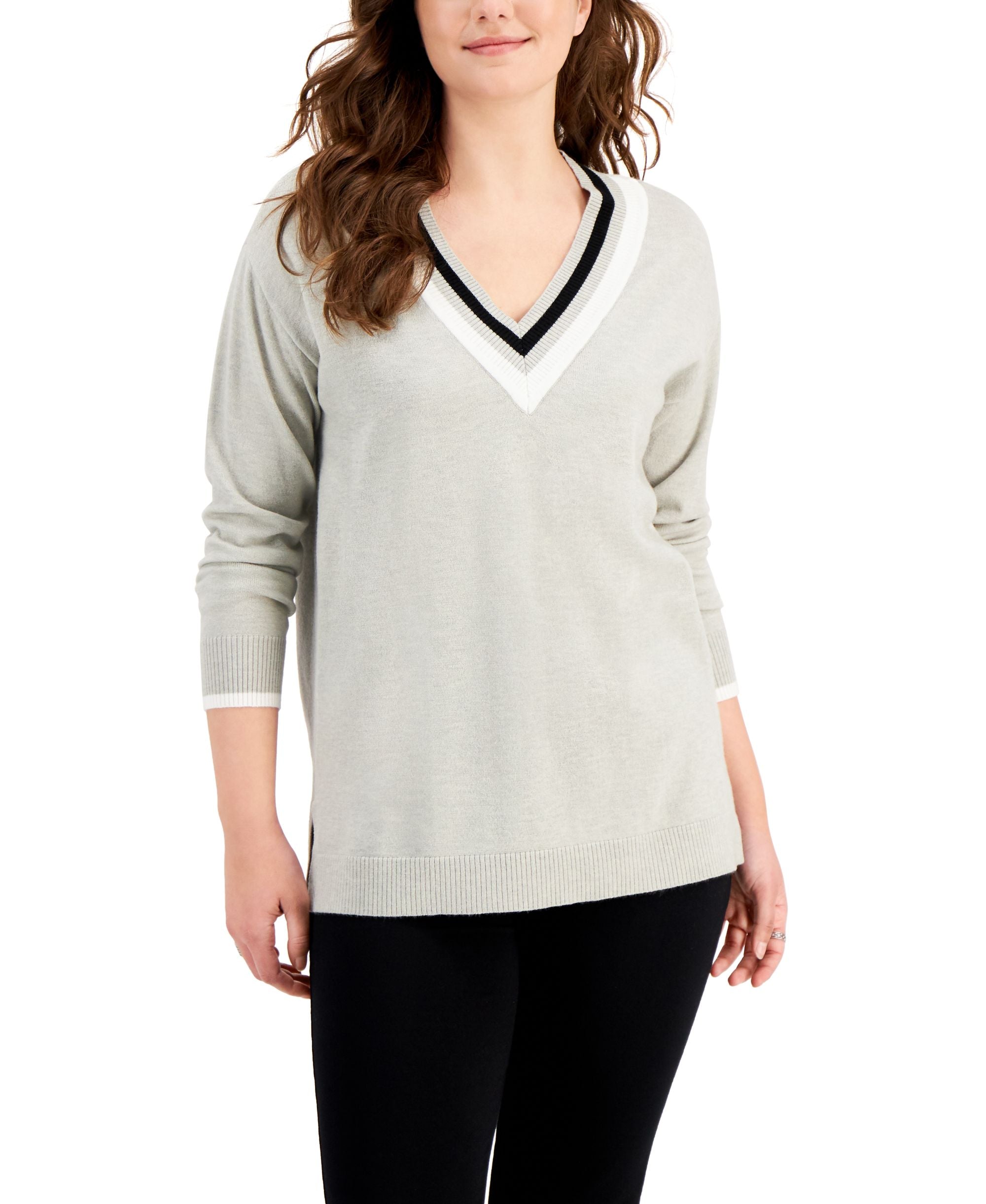 Style & Co V Neck Striped Trim Sweater