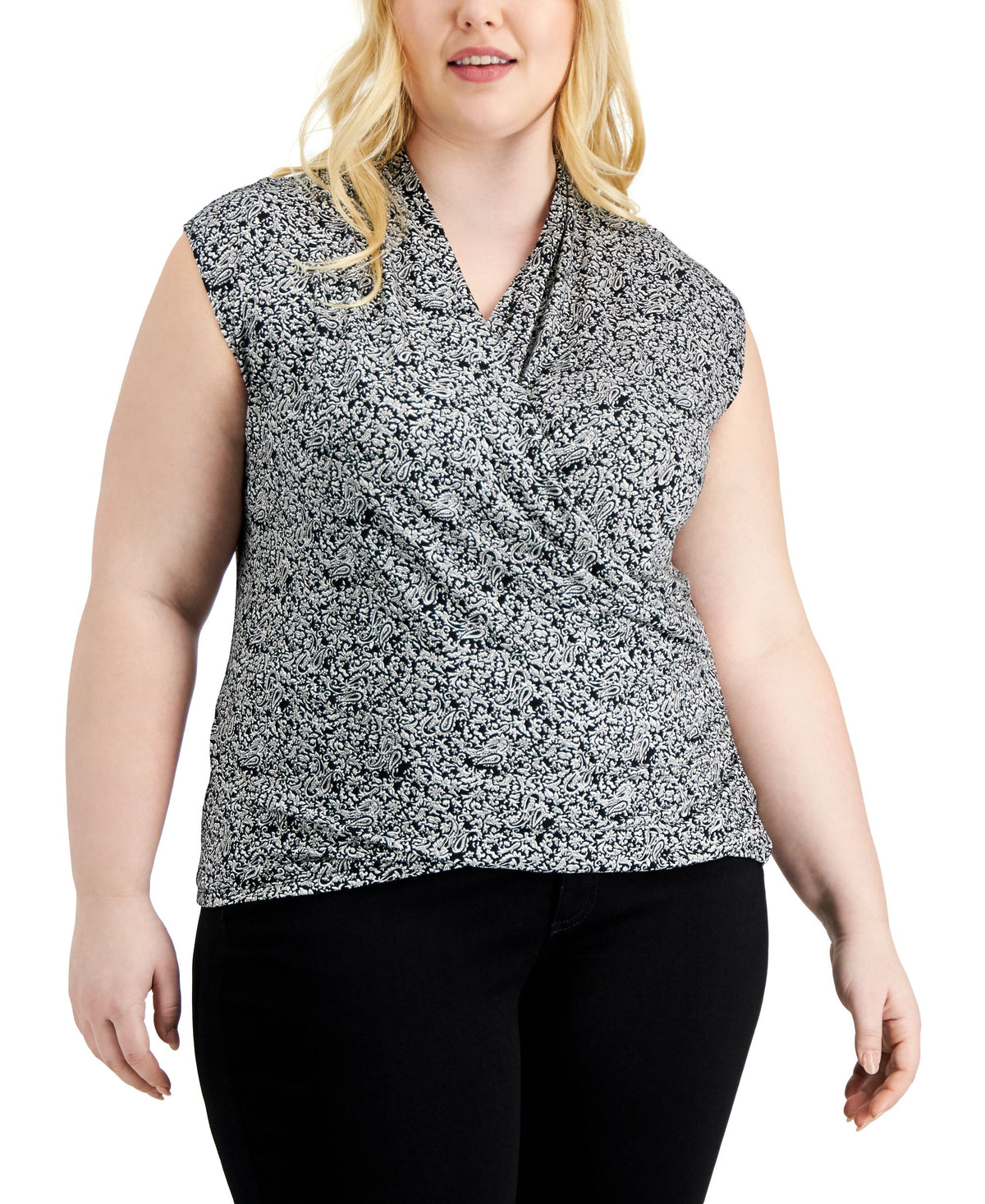 INC International Concepts Plus Size Paisley Print Sleeveless Surplice Top
