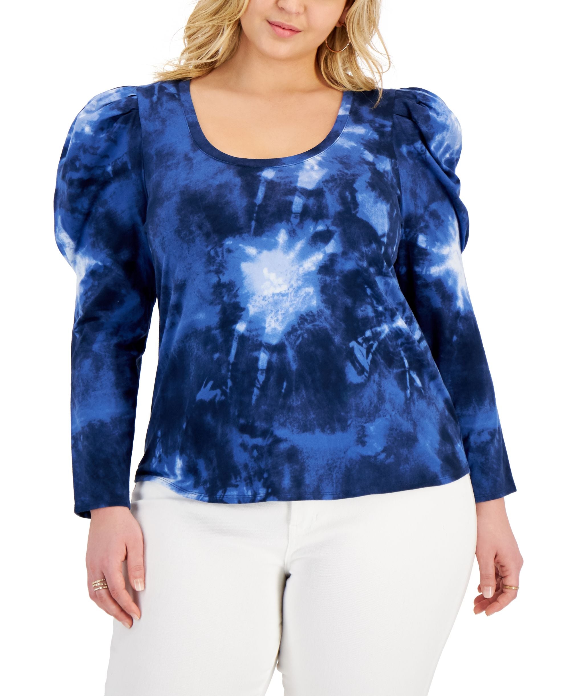 INC International Concepts Plus Size Puff Sleeve Tie Dye Top