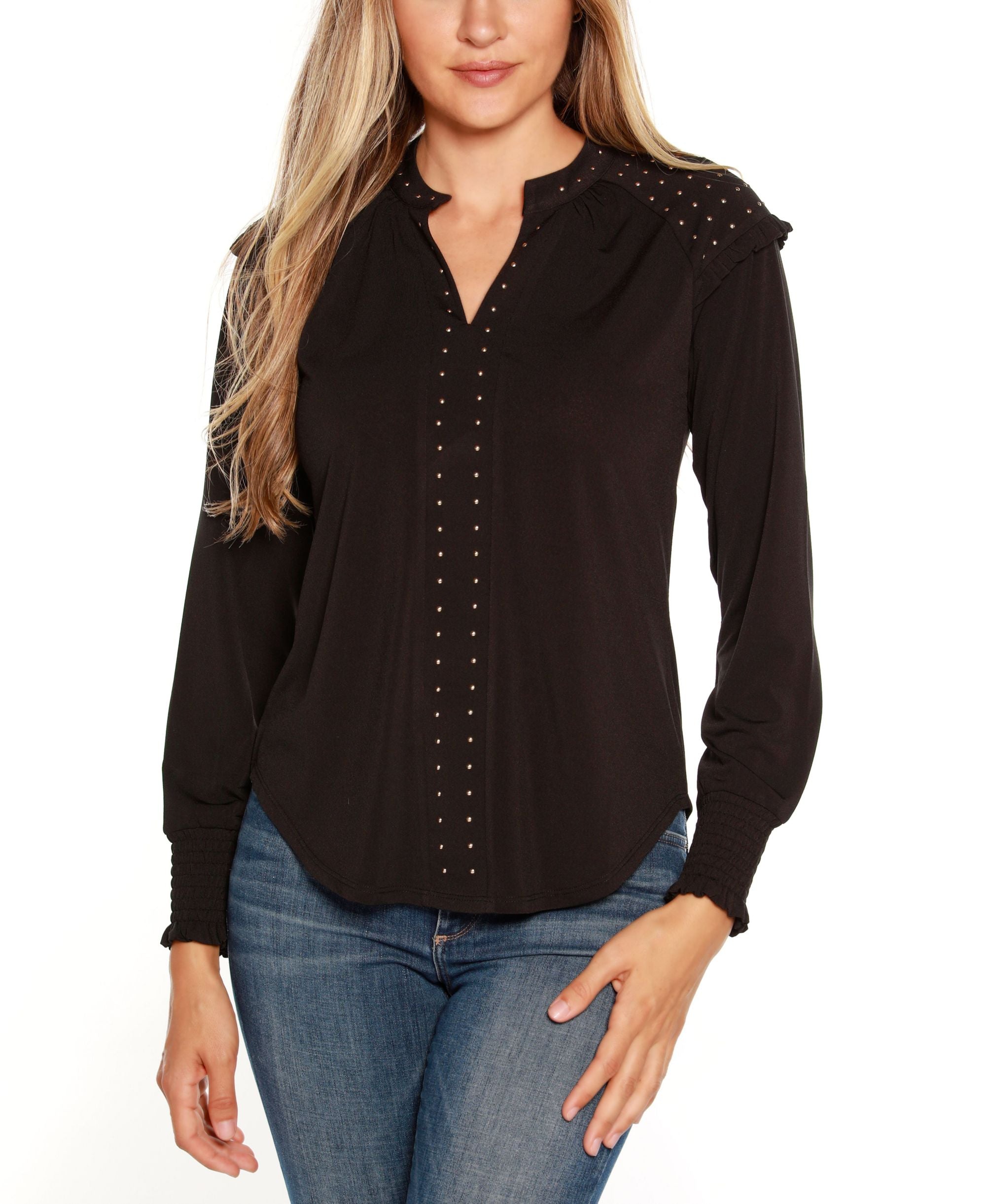 Belldini Womens Black Label Embellished Split Neck Top