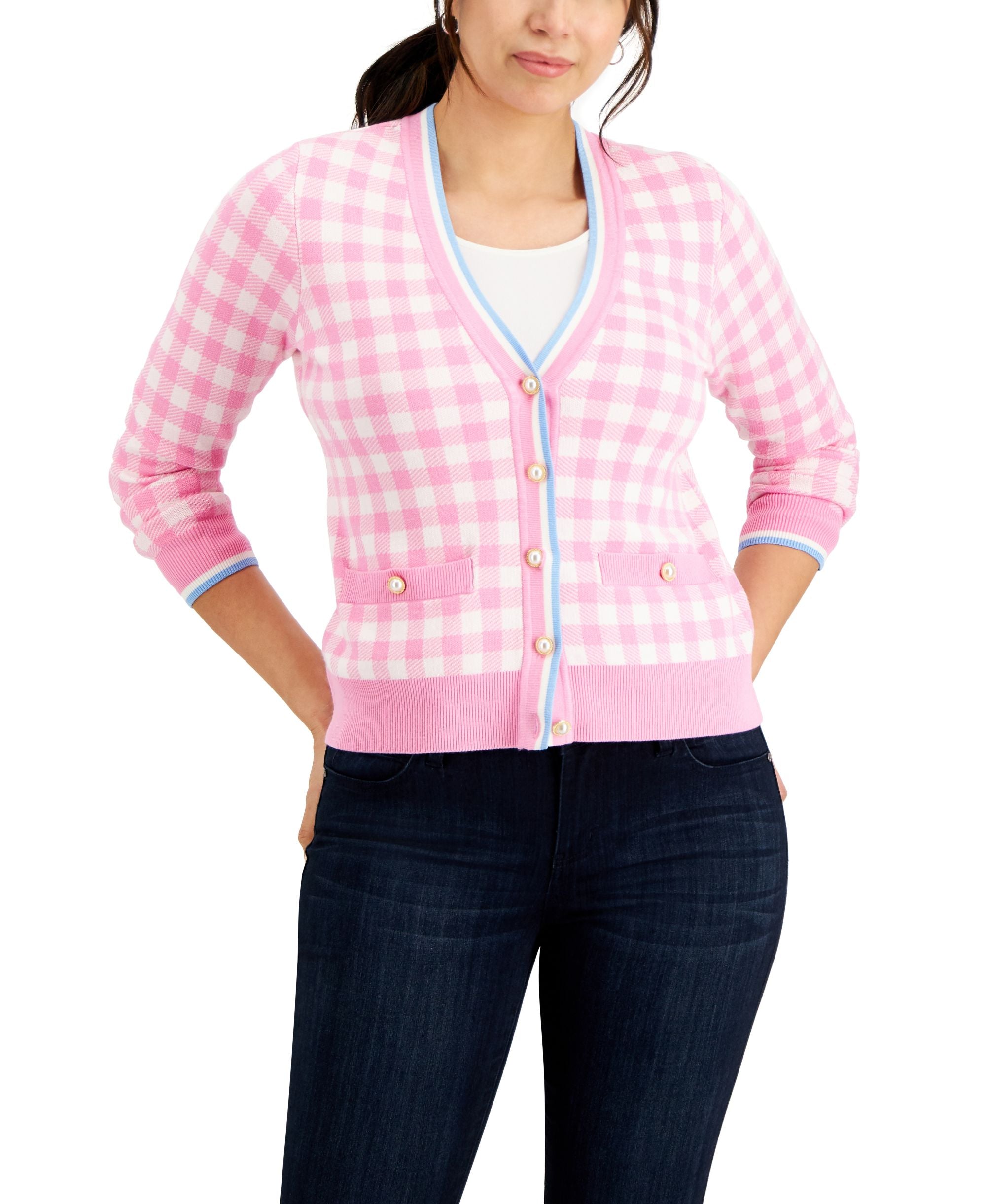 Charter Club Womens Gingham Cardigan