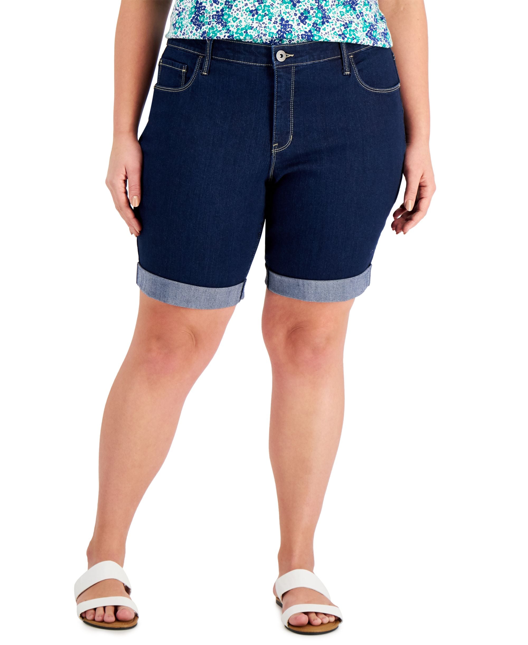 Plus Size Cuffed Denim Bermuda Shorts