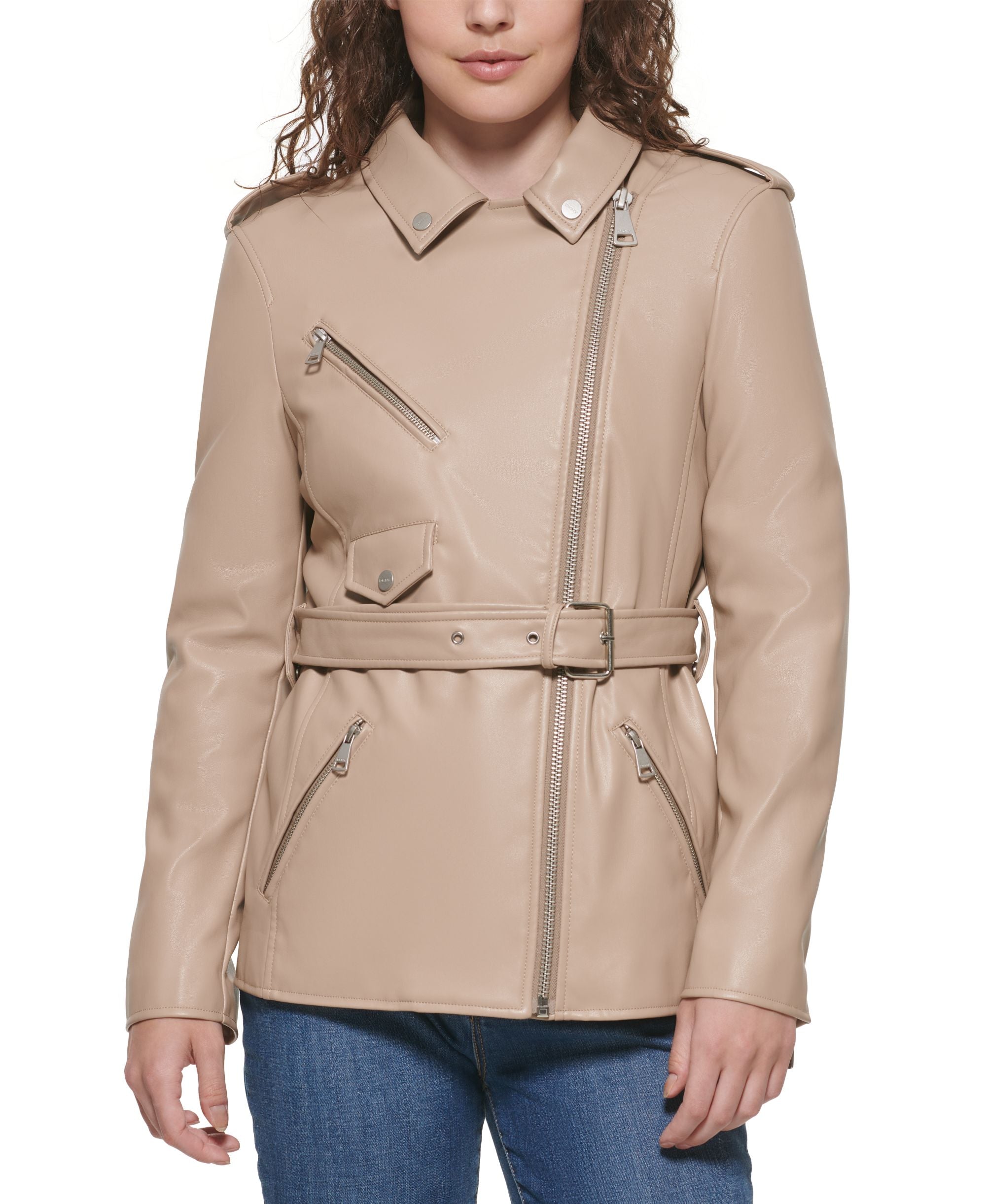 DKNY Faux Leather Belted Moto Jacket