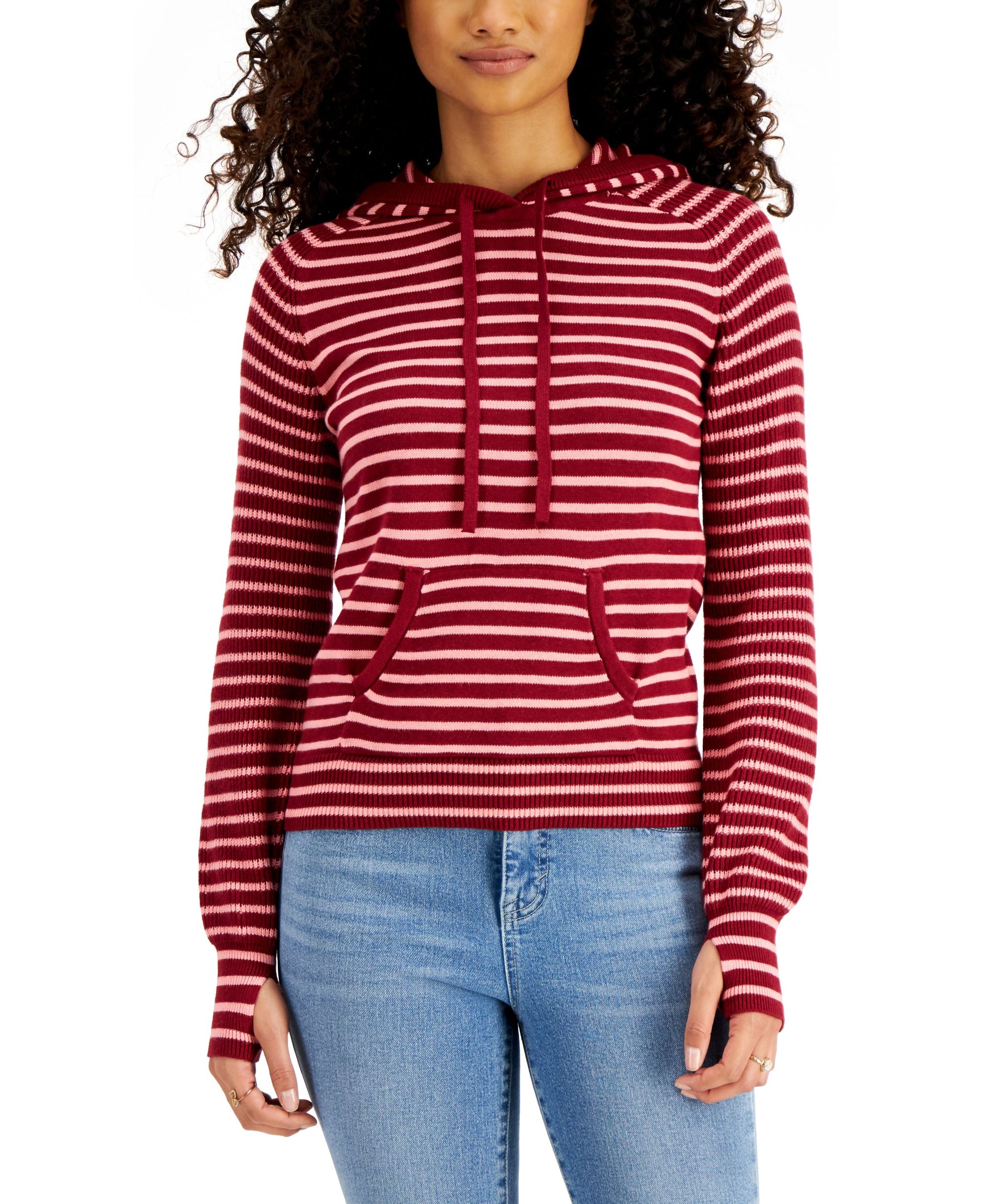 Style & Co Striped Thumbhole Hooded Sweater
