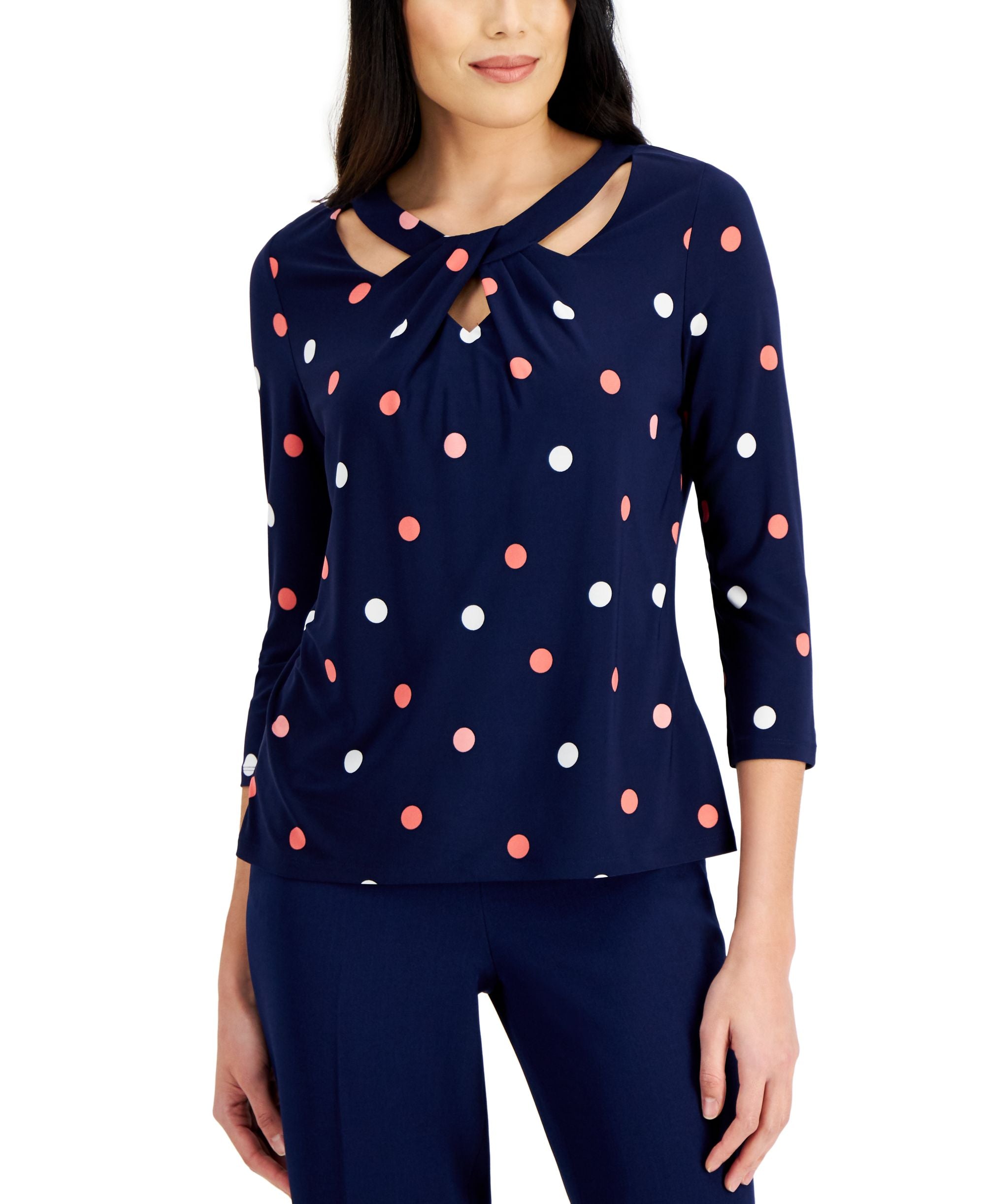 Kasper Petite Dotted Twist Neck Top