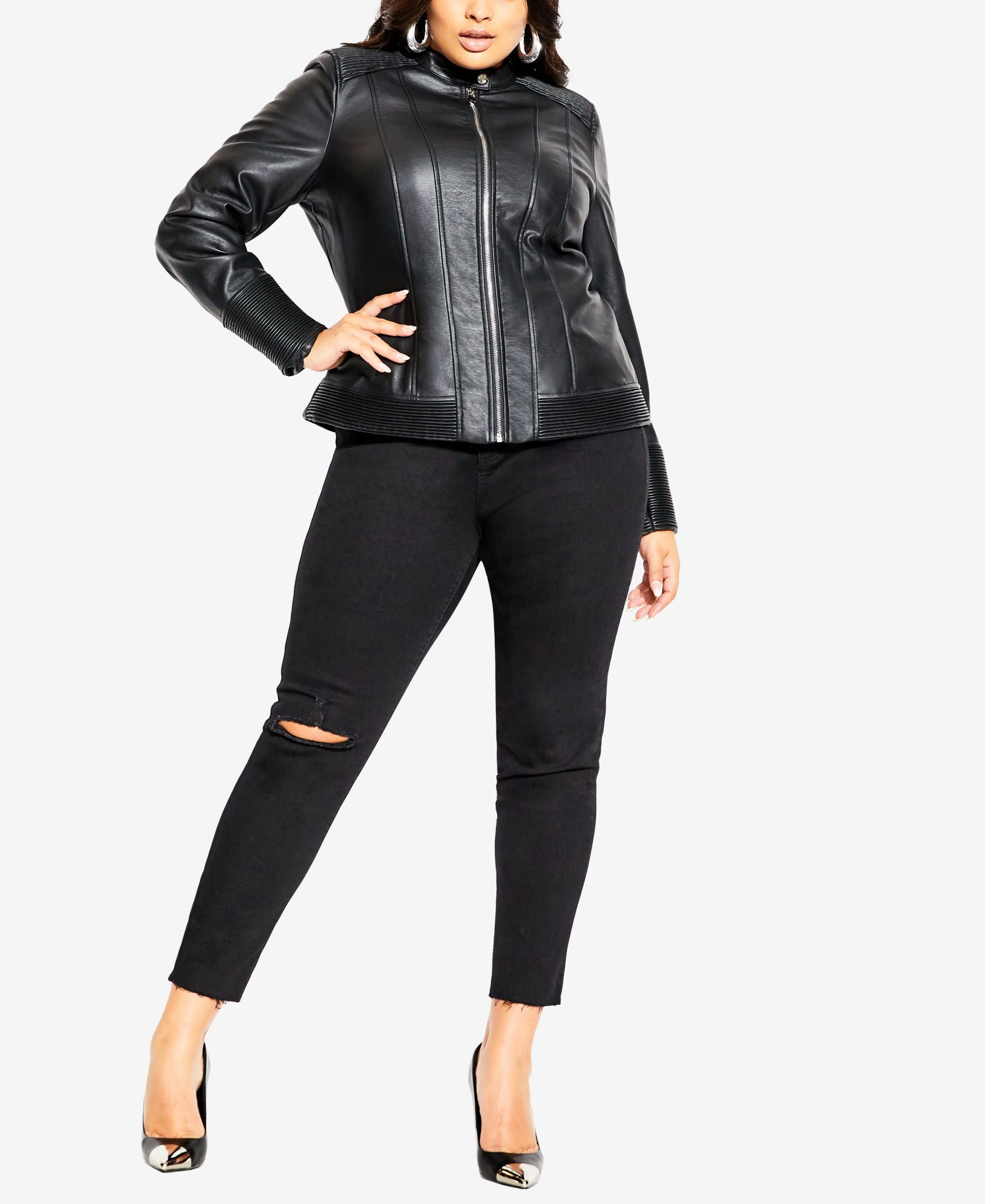 Trendy Plus Size Ribbed Biker Jacket