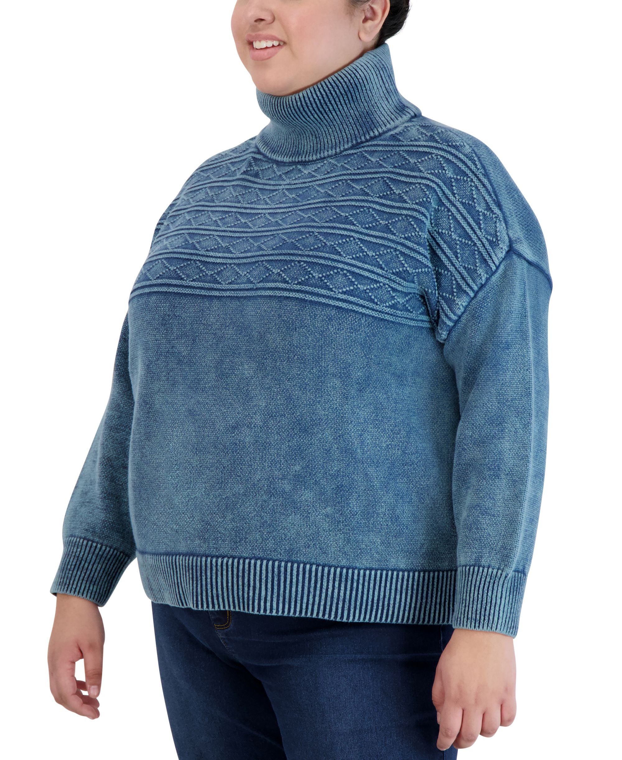 Jones New York Womens Plus Size Cable Knit Ribbed Trim Turtleneck Sweater