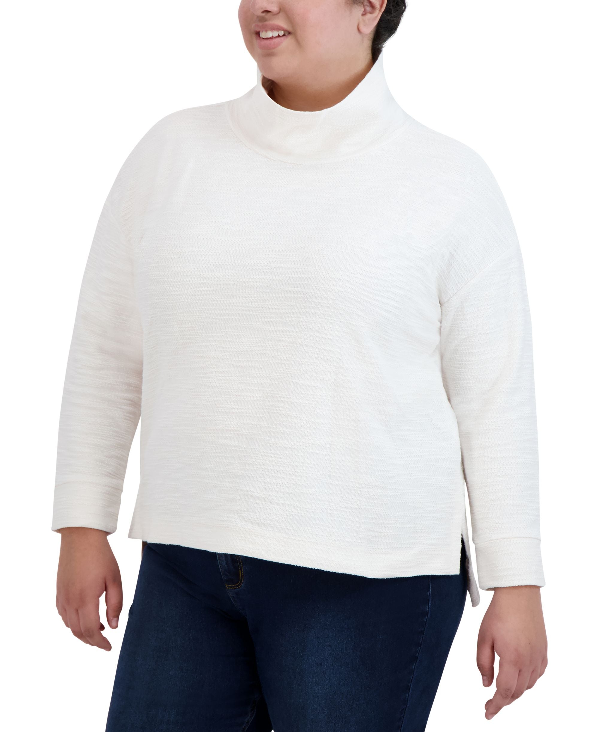 Jones New York Womens Plus Cotton Side Slits Turtleneck Top