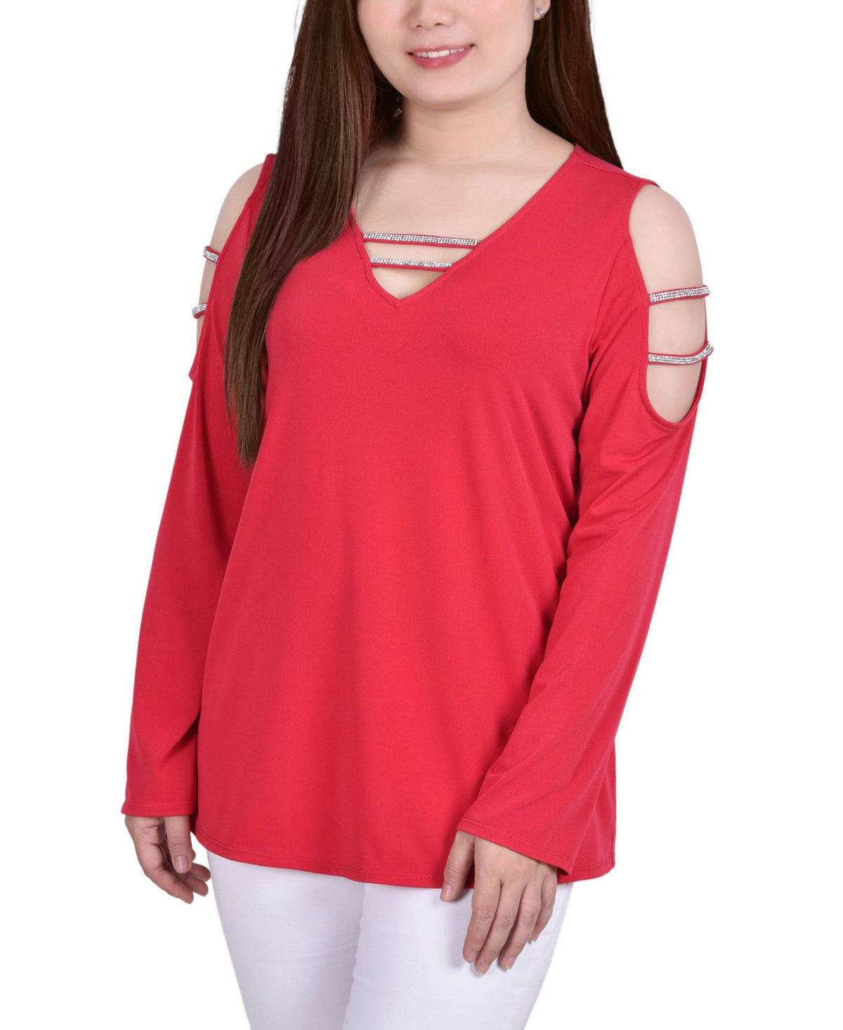Petite Long Sleeve Knit Crepe Rhinestone Top