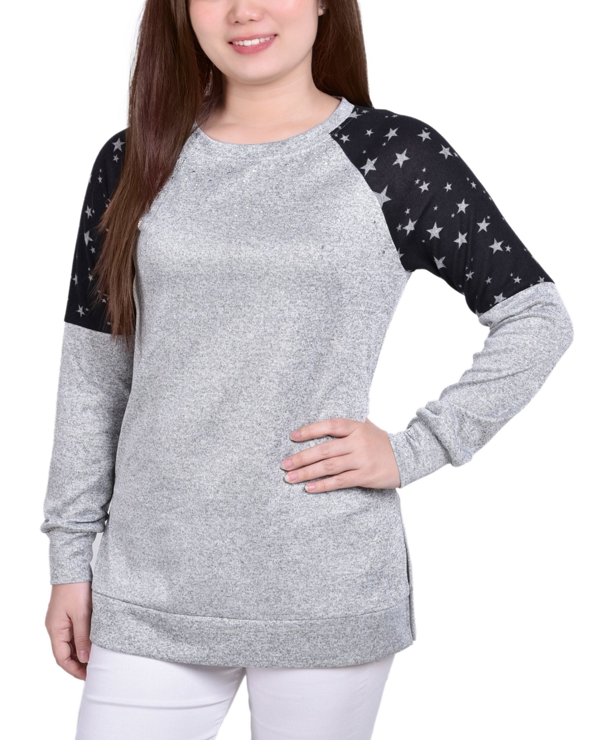 Petite Knit Top With Print Shoulder Insets