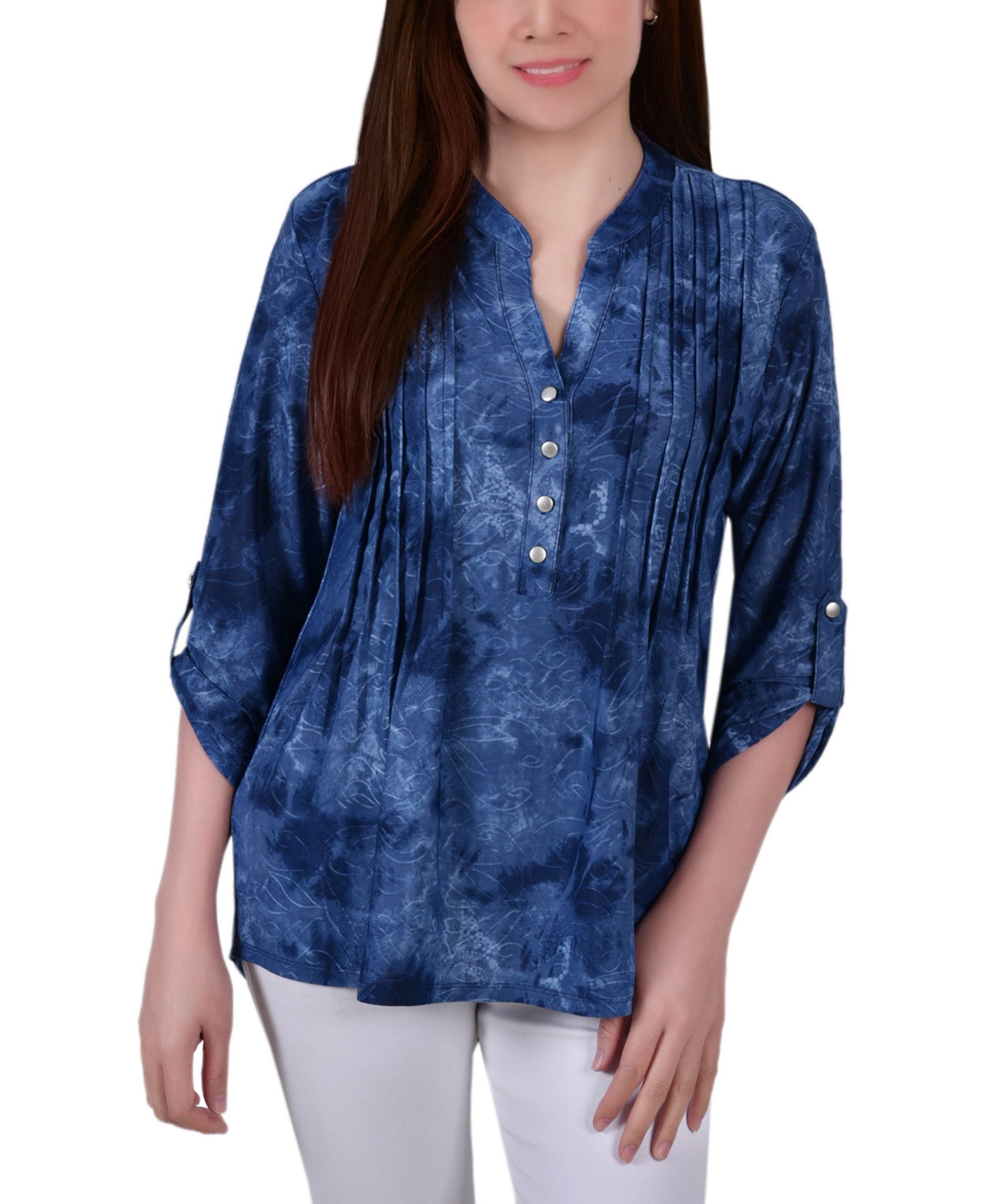 Petite Pintuck Roll Tab Sleeve Top