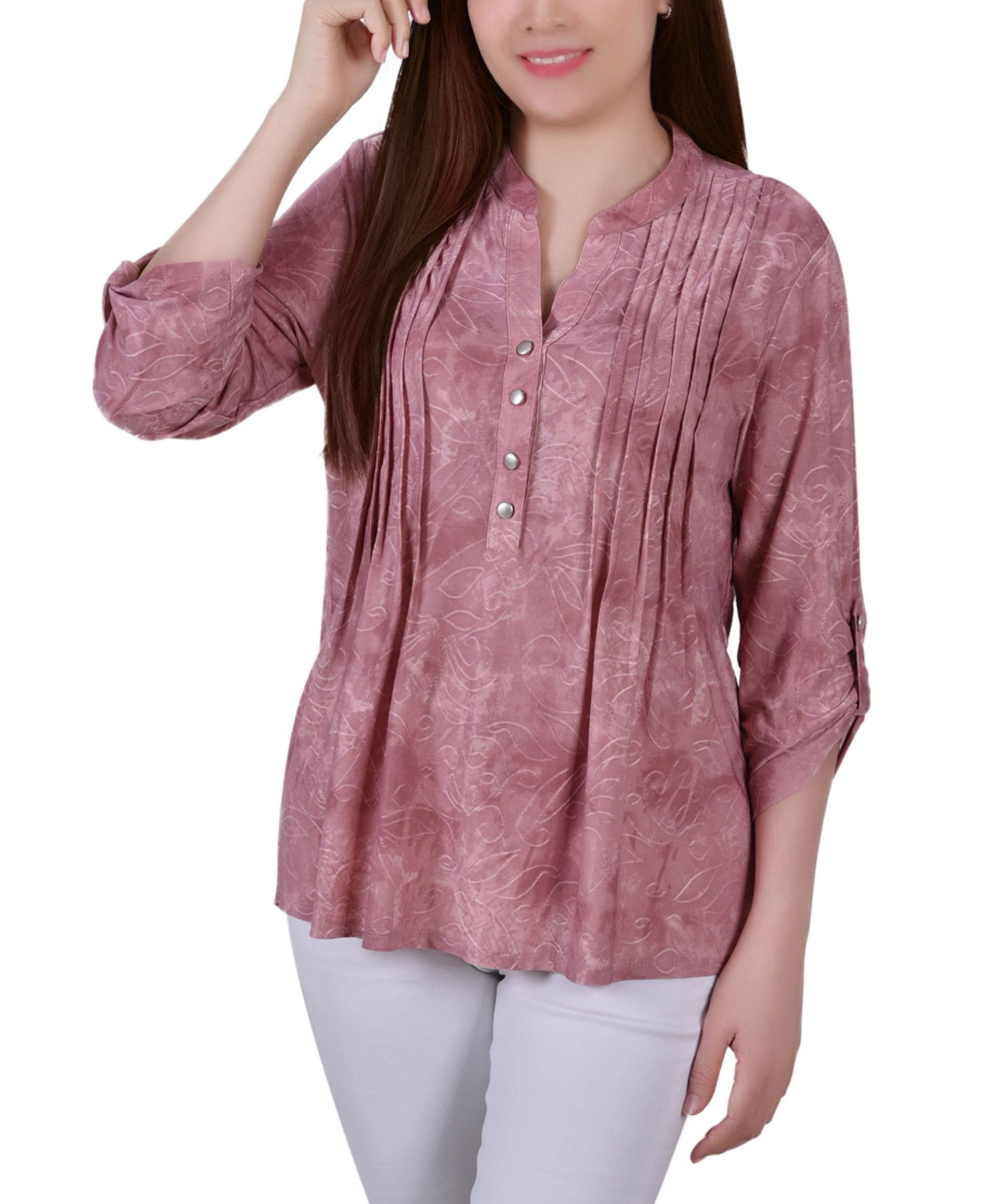 Petite Pintuck Roll Tab Sleeve Top