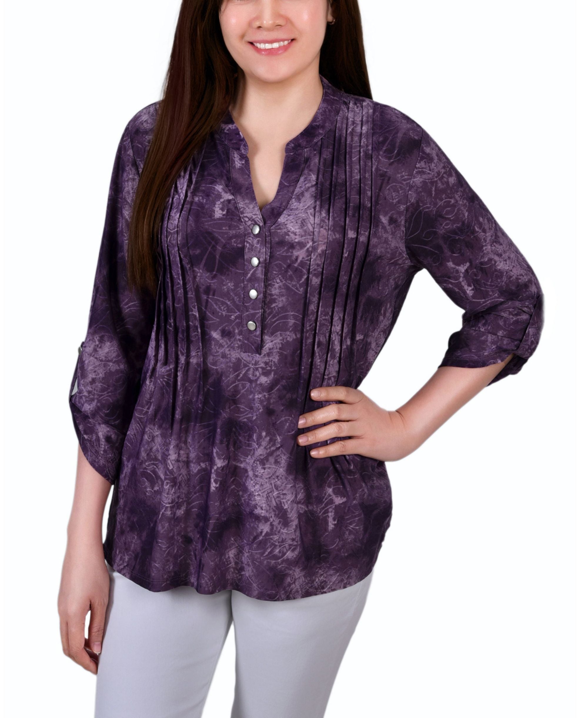 Petite Pintuck Roll Tab Sleeve Top