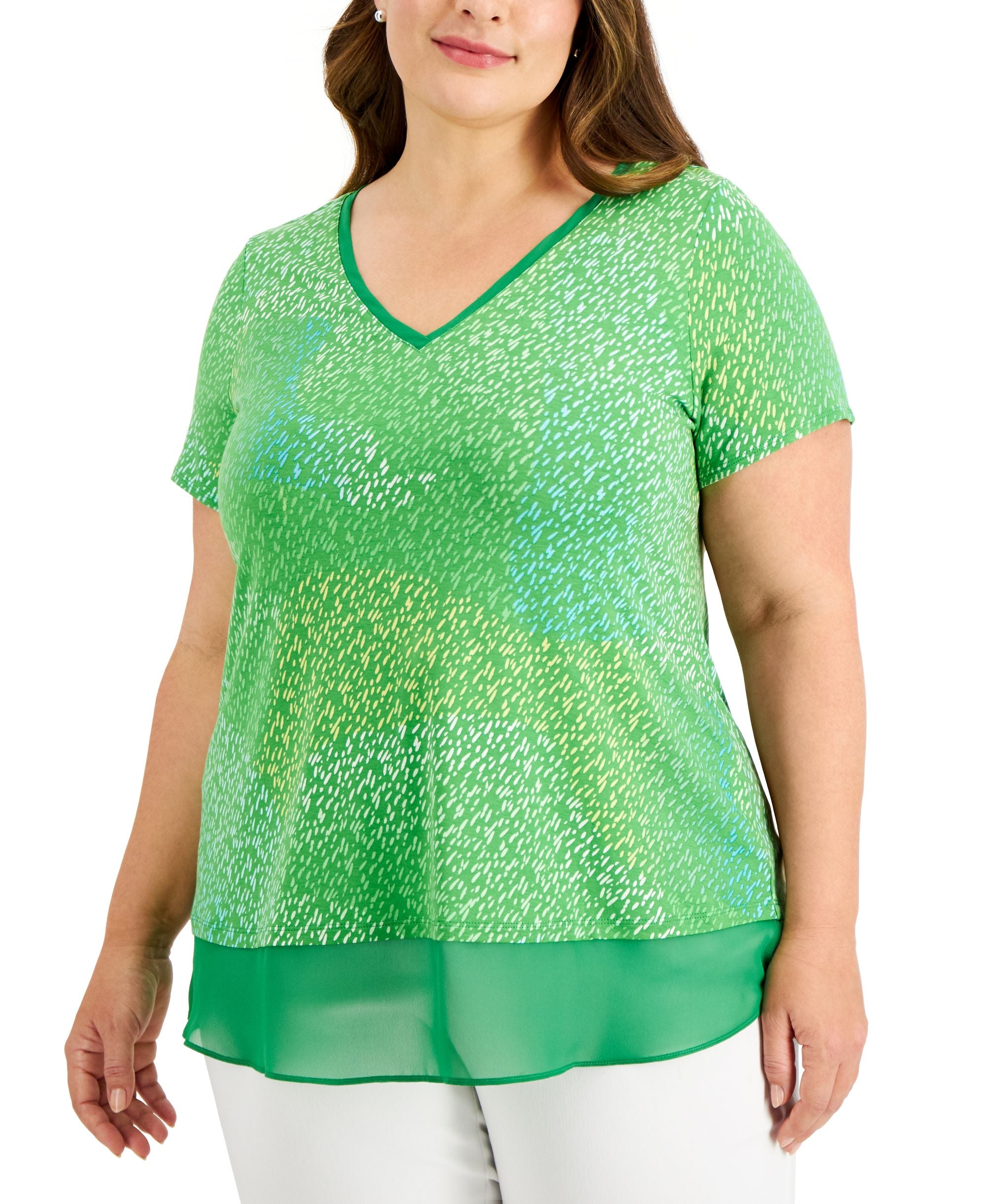 JM Collection Plus Size Printed V Neck Top