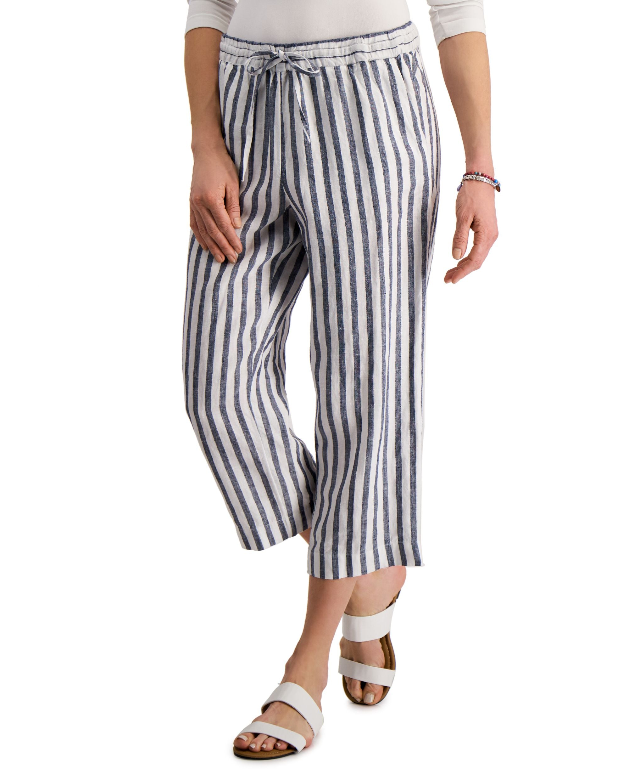 Charter Club Cropped Linen Striped Pants