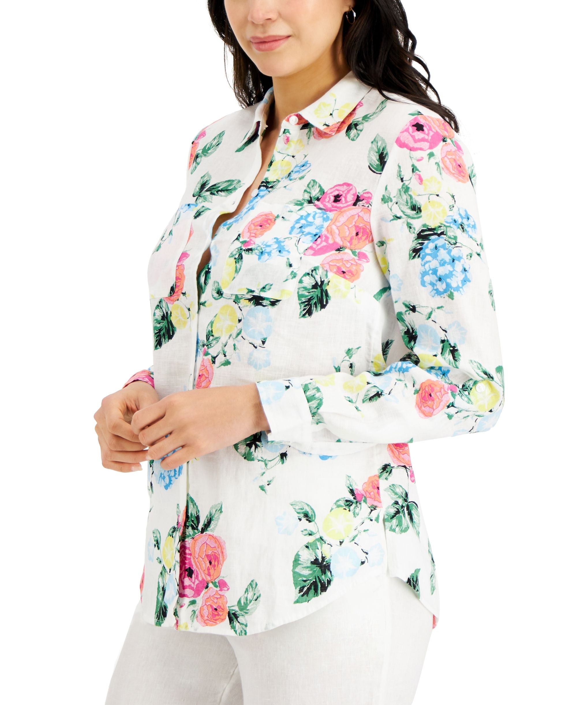 Charter Club Petite Linen Floral Print Shirt