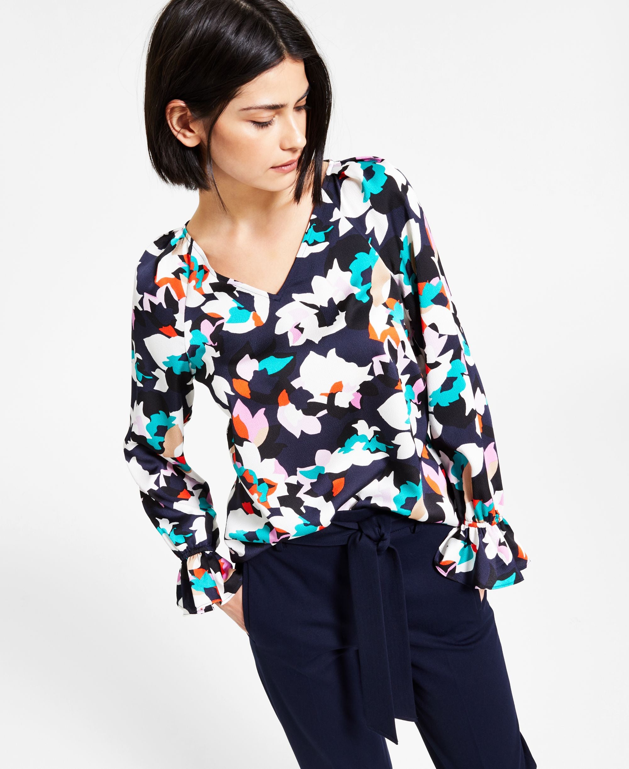 Bar III Floral Print V Neck Top