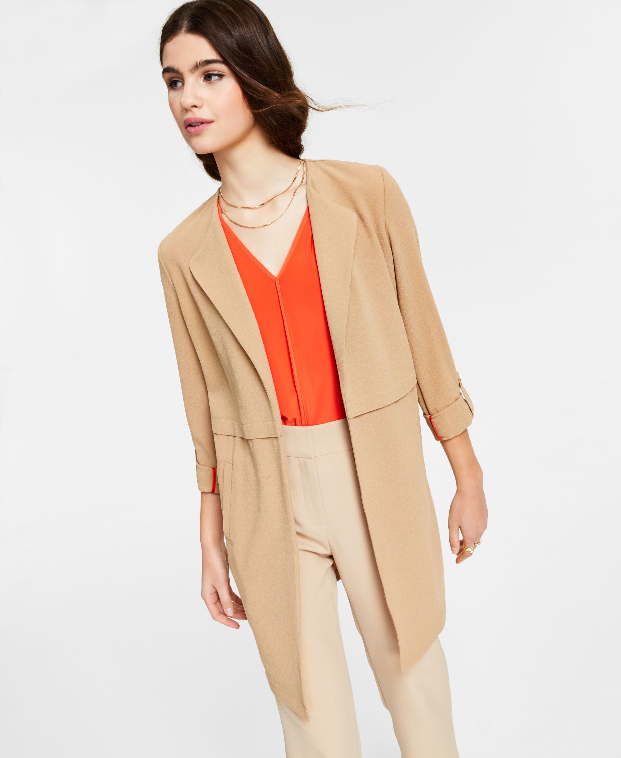 Bar III Womens Roll Tab Sleeve Duster Jacket