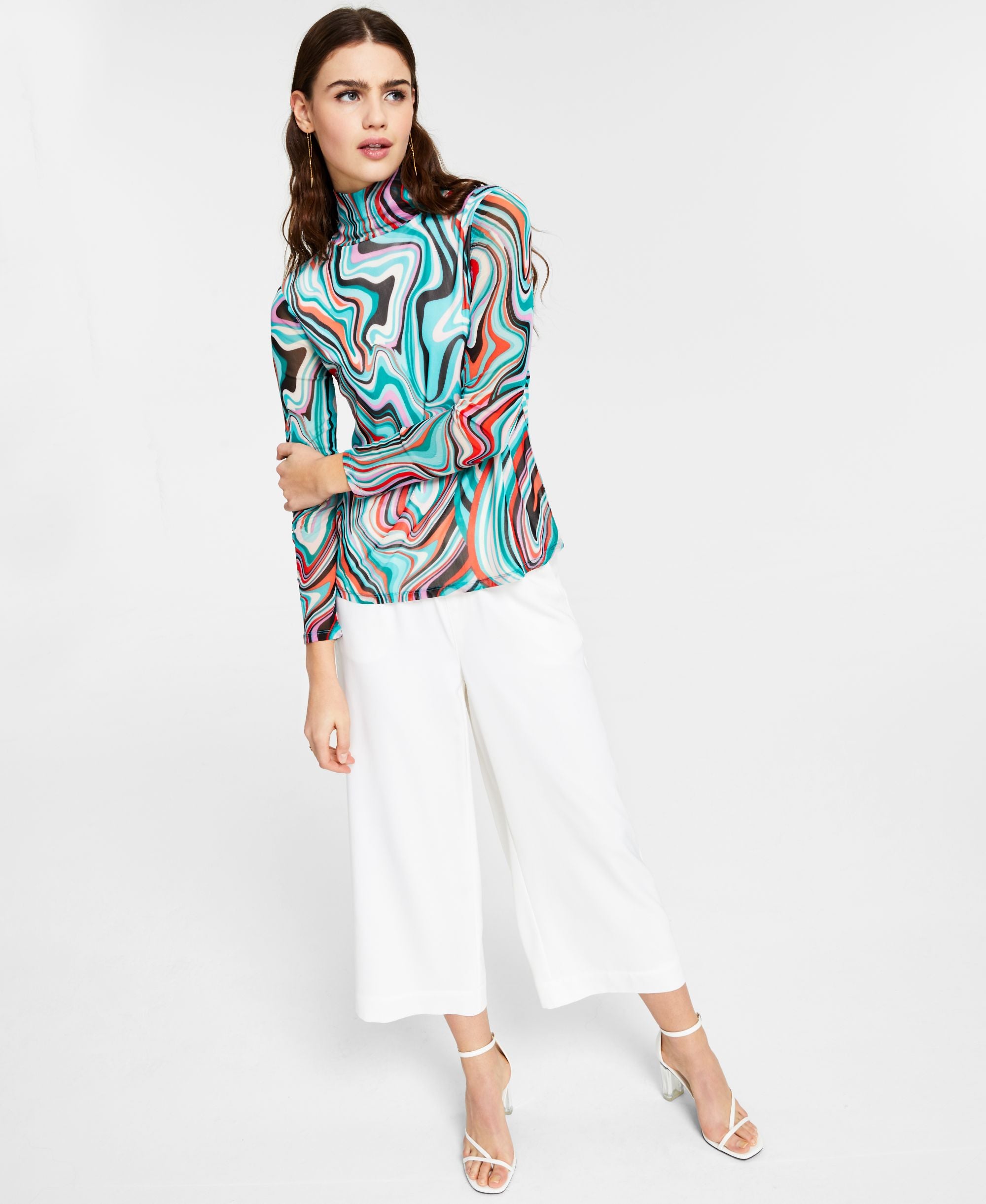 Bar III Printed Mesh Mock Neck Top