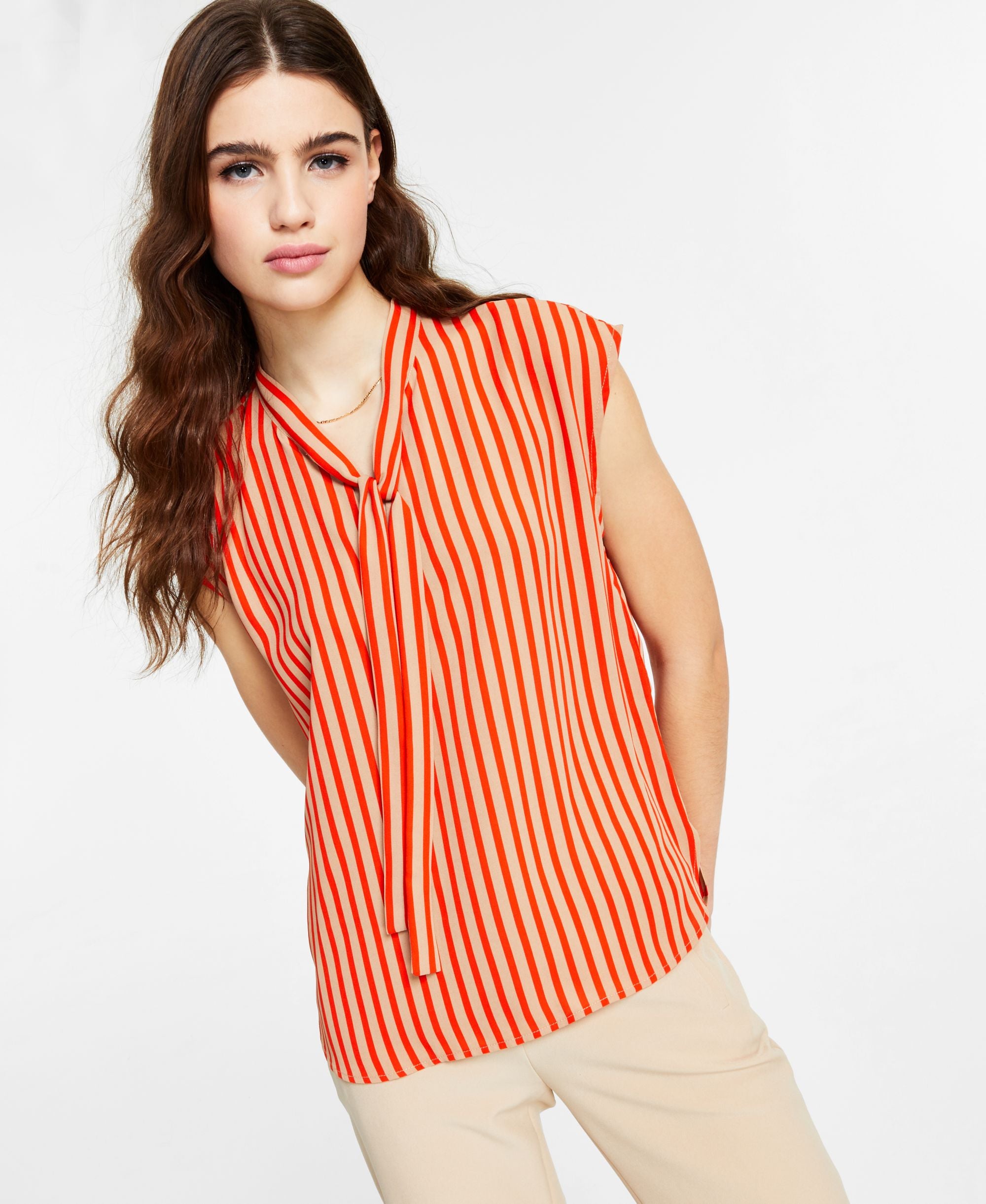 Bar III Striped Tie-Neck Top