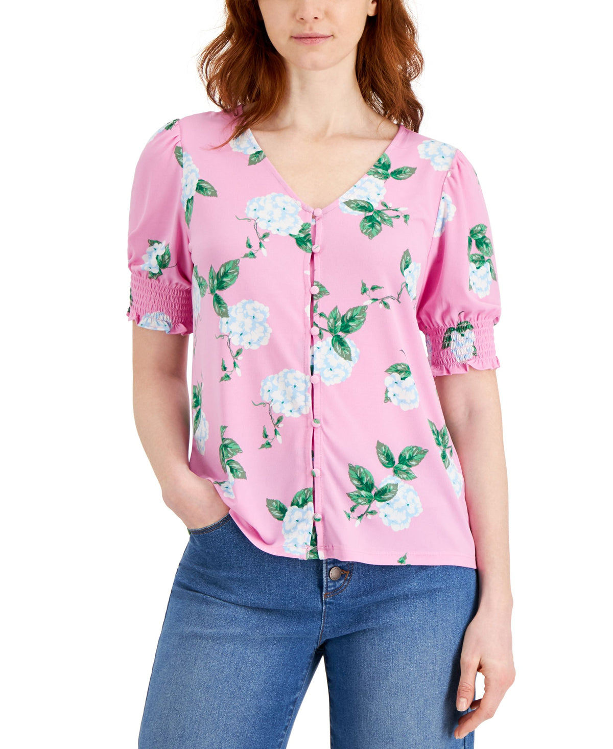 Charter Club Floral Print Smocked Cuff V Neck Top