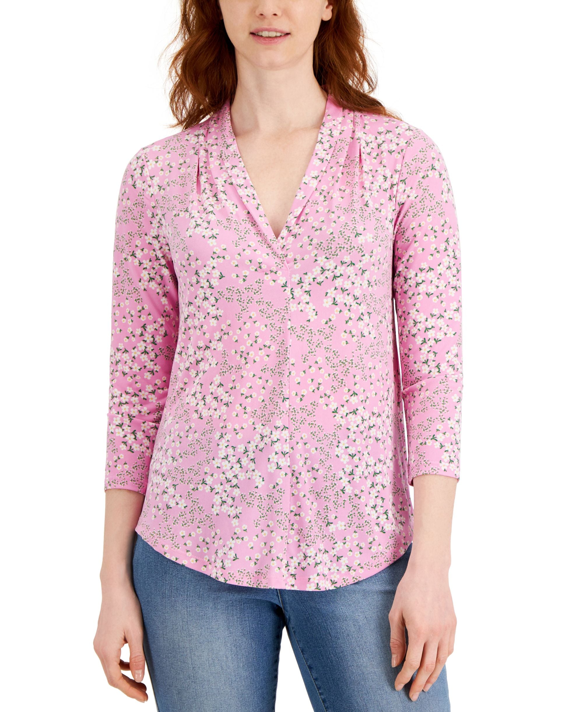 Charter Club Floral Print 3/4 Sleeve Knit Top