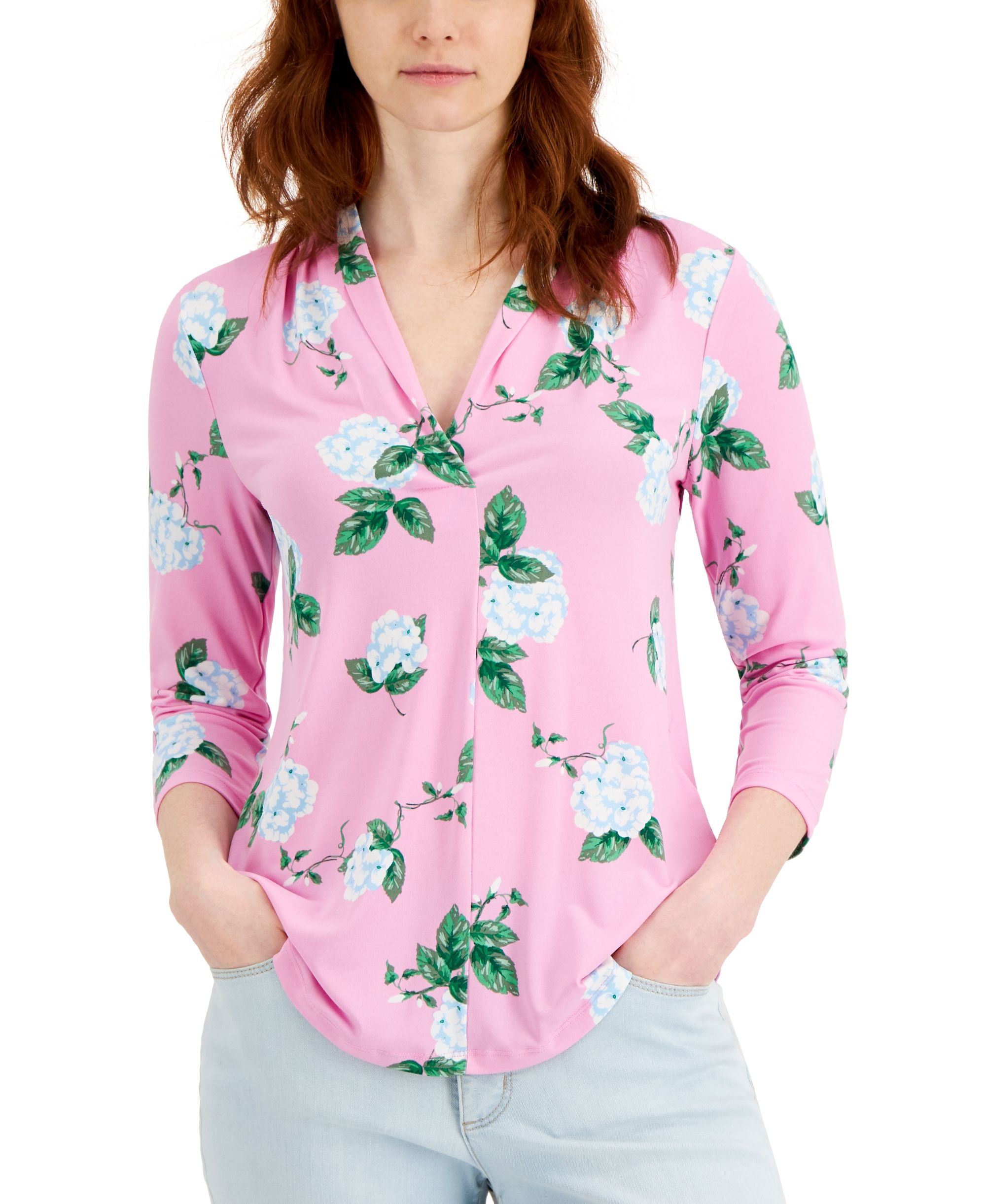 Charter Club Floral Print 3/4 Sleeve Knit Top