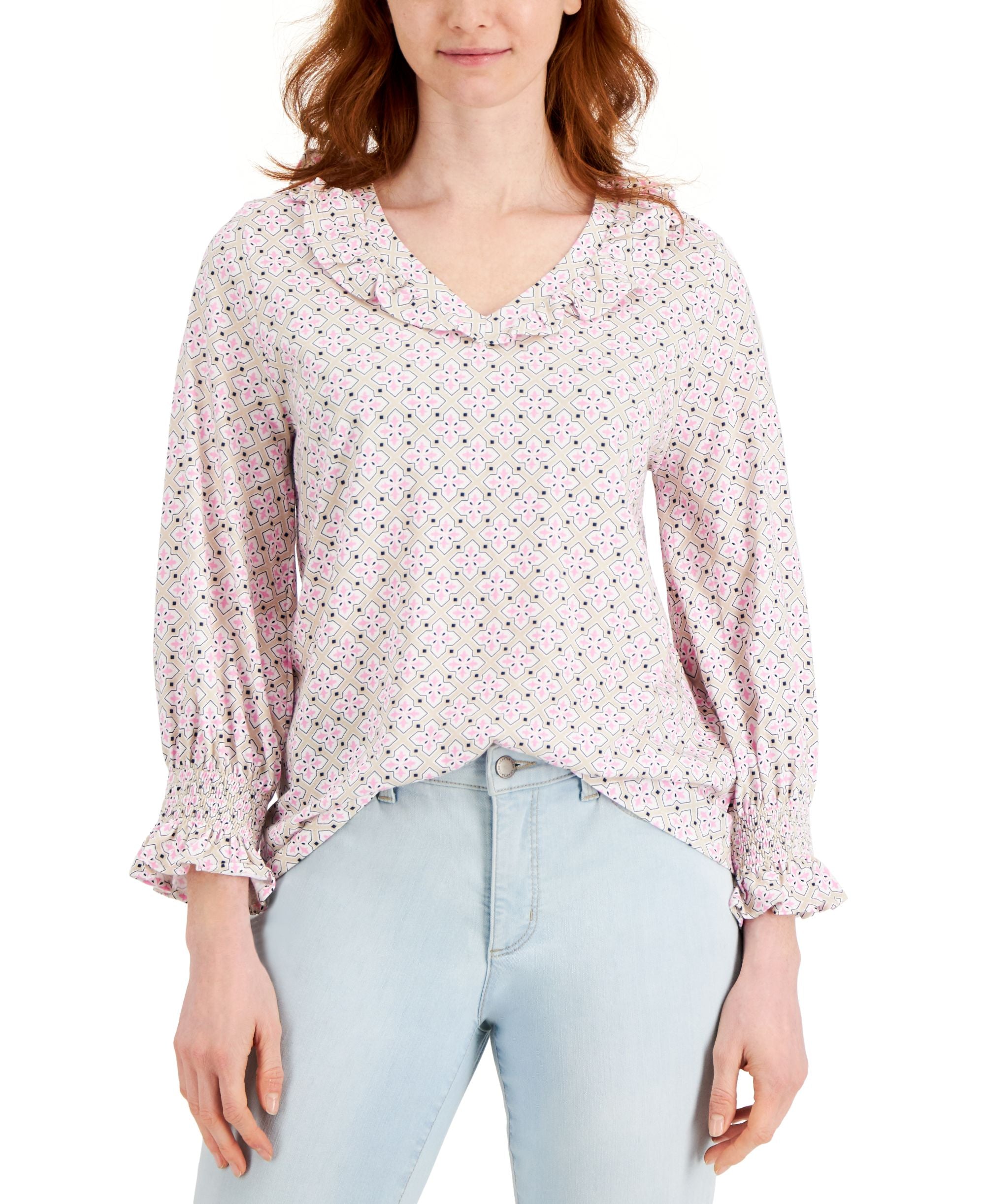 Charter Club Geo-Print Ruffled-Collar 3/4-Sleeve Top