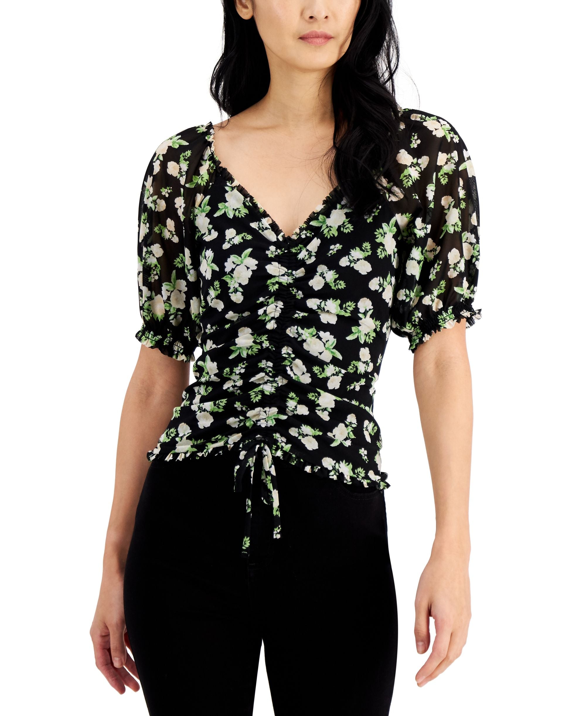 INC International Concepts Womens Floral Puff Sleeve Top