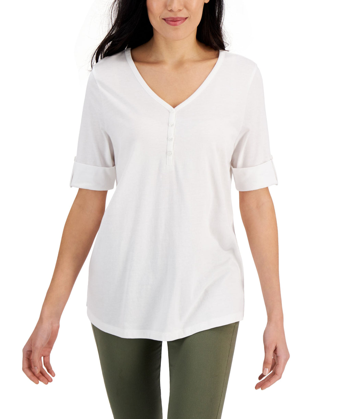 Solid Elbow-Sleeve Henley Tunic Top