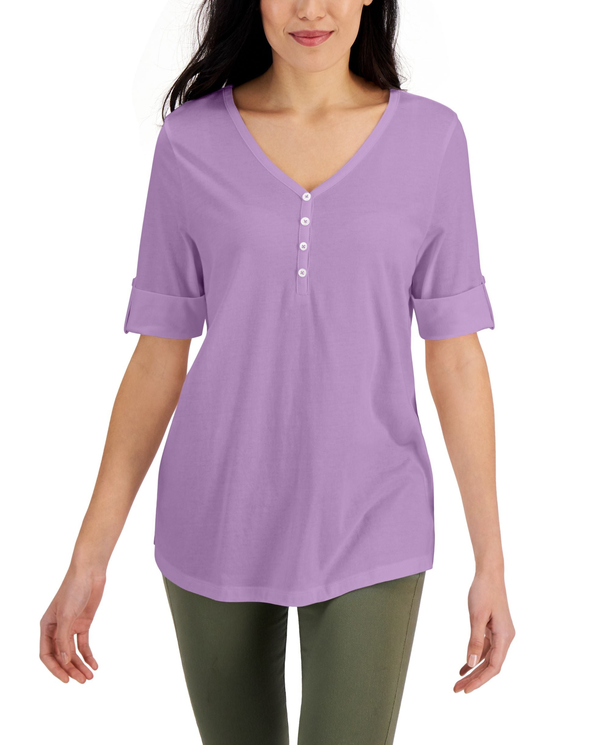 Solid Elbow-Sleeve Henley Tunic Top