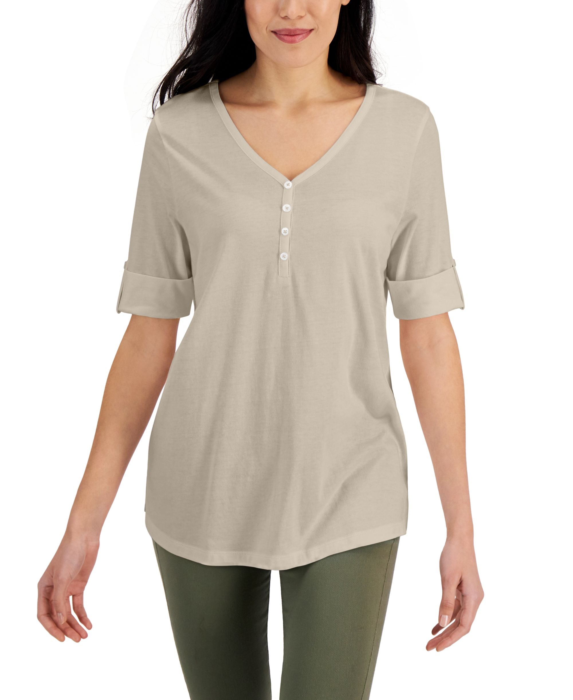 Solid Elbow-Sleeve Henley Tunic Top