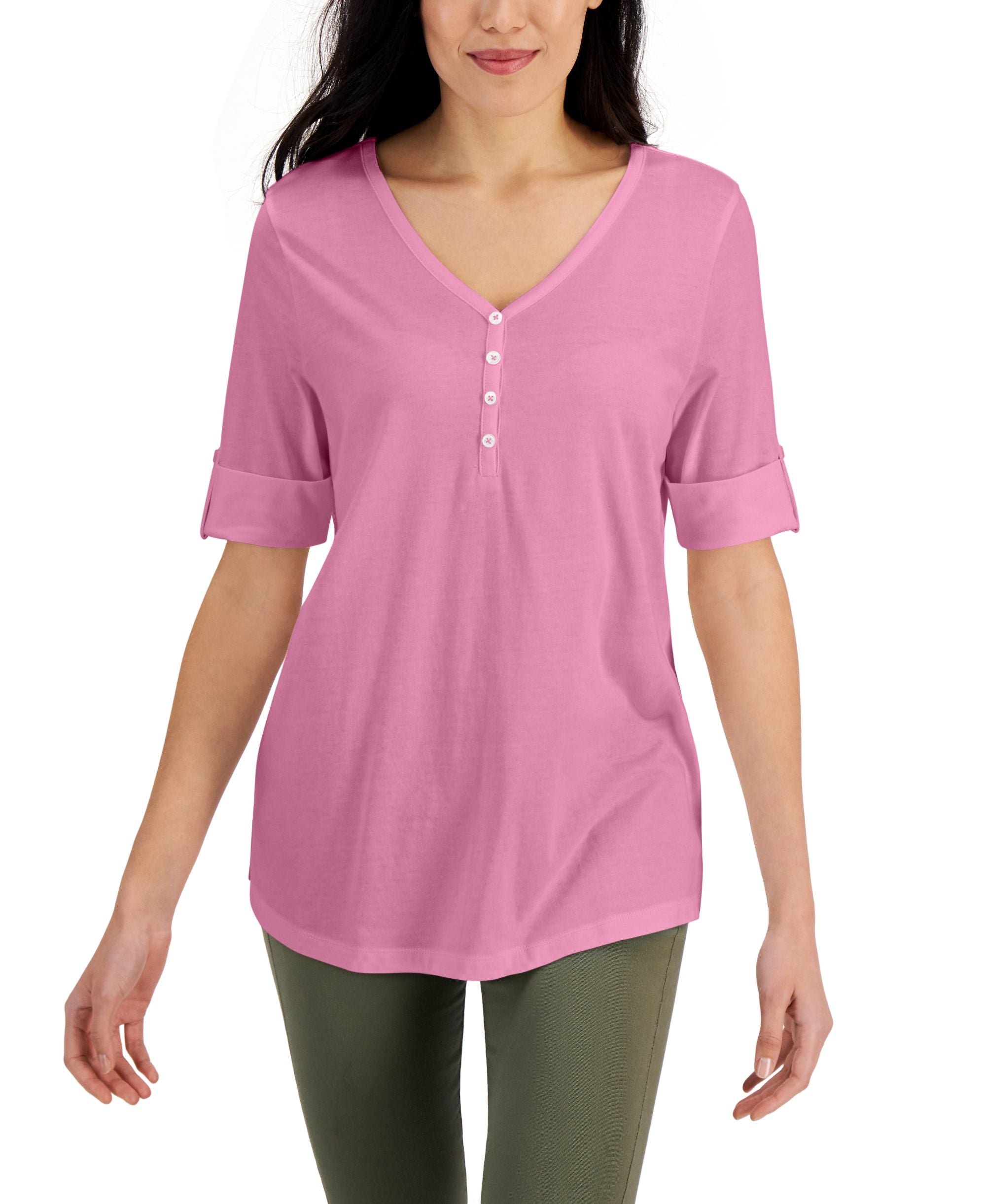 Solid Elbow-Sleeve Henley Tunic Top