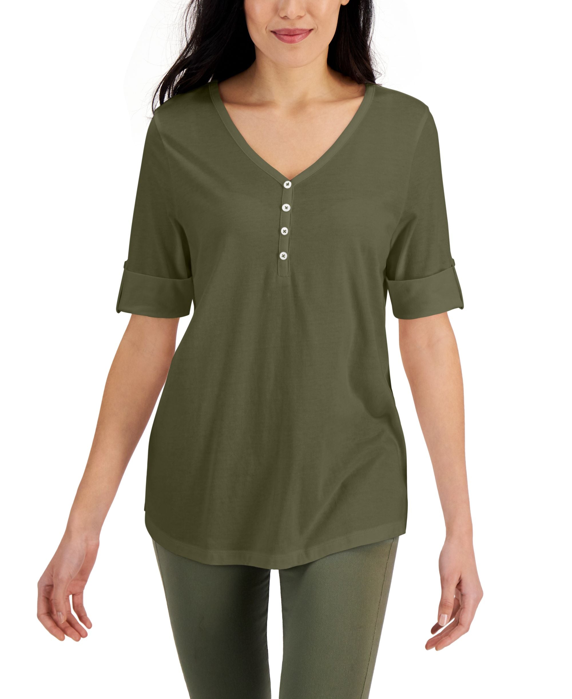 Solid Elbow-Sleeve Henley Tunic Top
