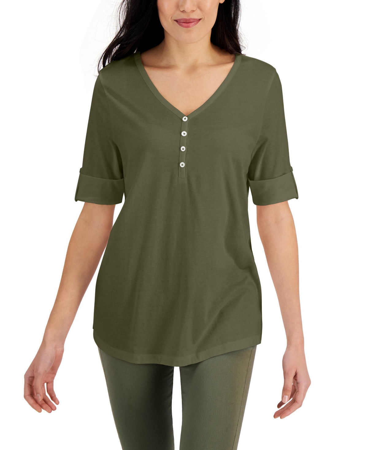 Solid Elbow-Sleeve Henley Tunic Top