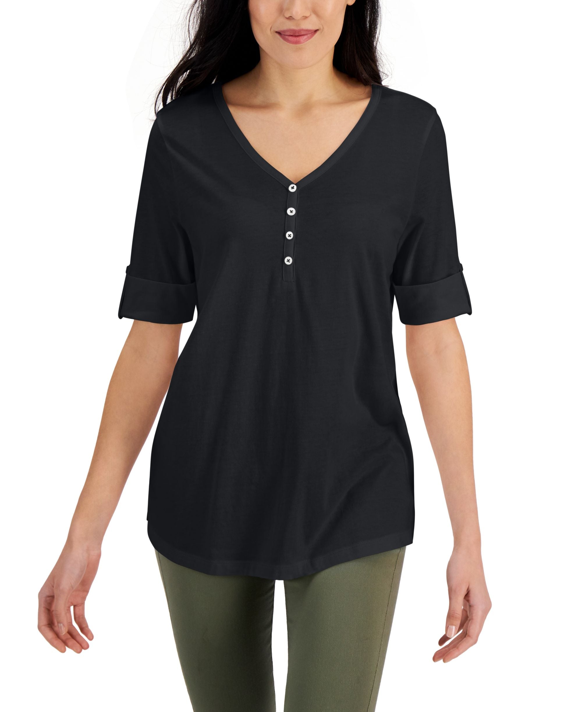 Solid Elbow-Sleeve Henley Tunic Top