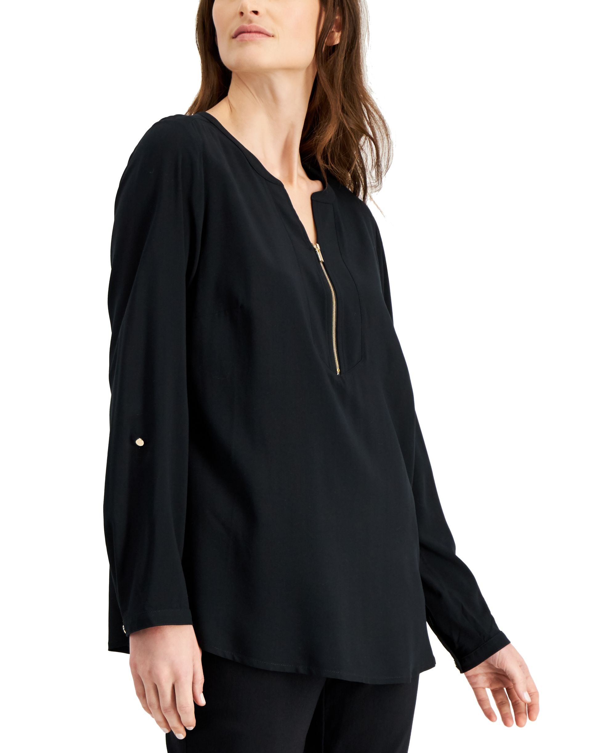 JM Collection Solid Zip Neck Utility Top