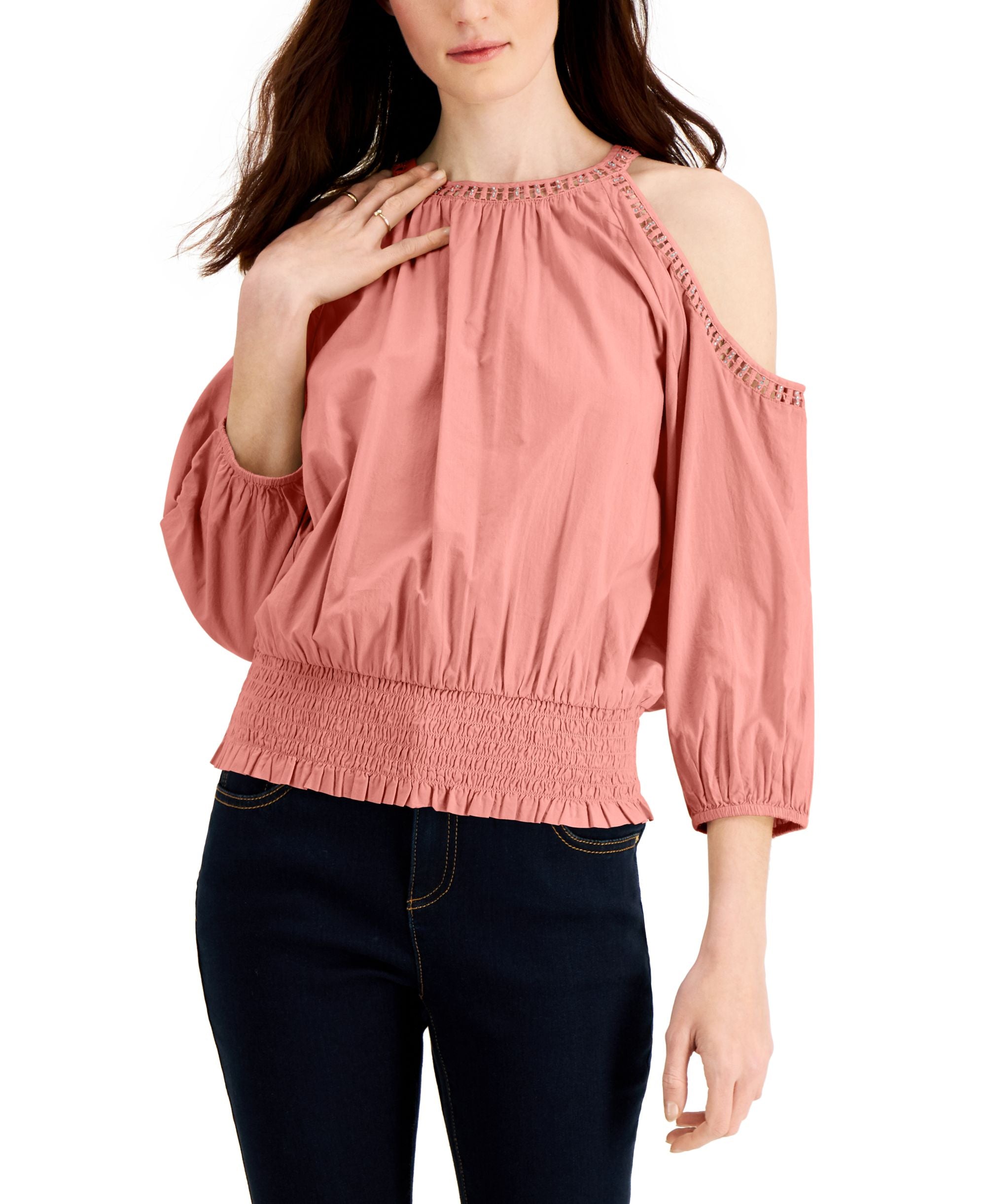 INC International Concepts Crochet Cold Shoulder Smocked Hem Top