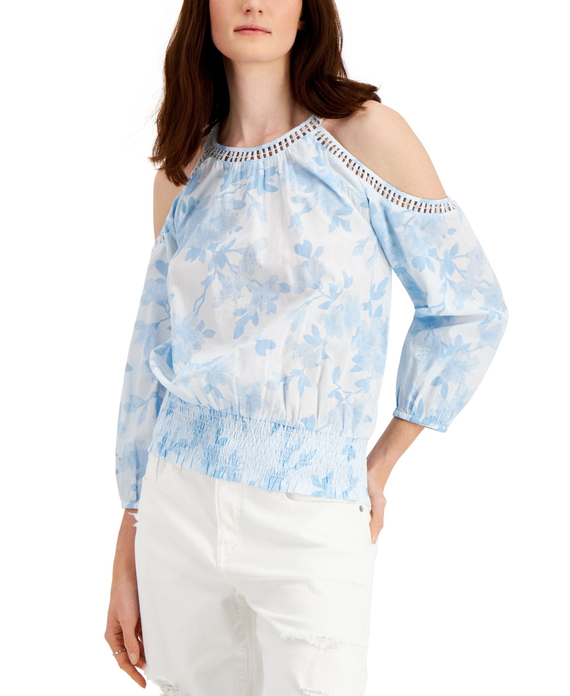 INC International Concepts Womens Floral Cold Shoulder Puff Sleeve Top
