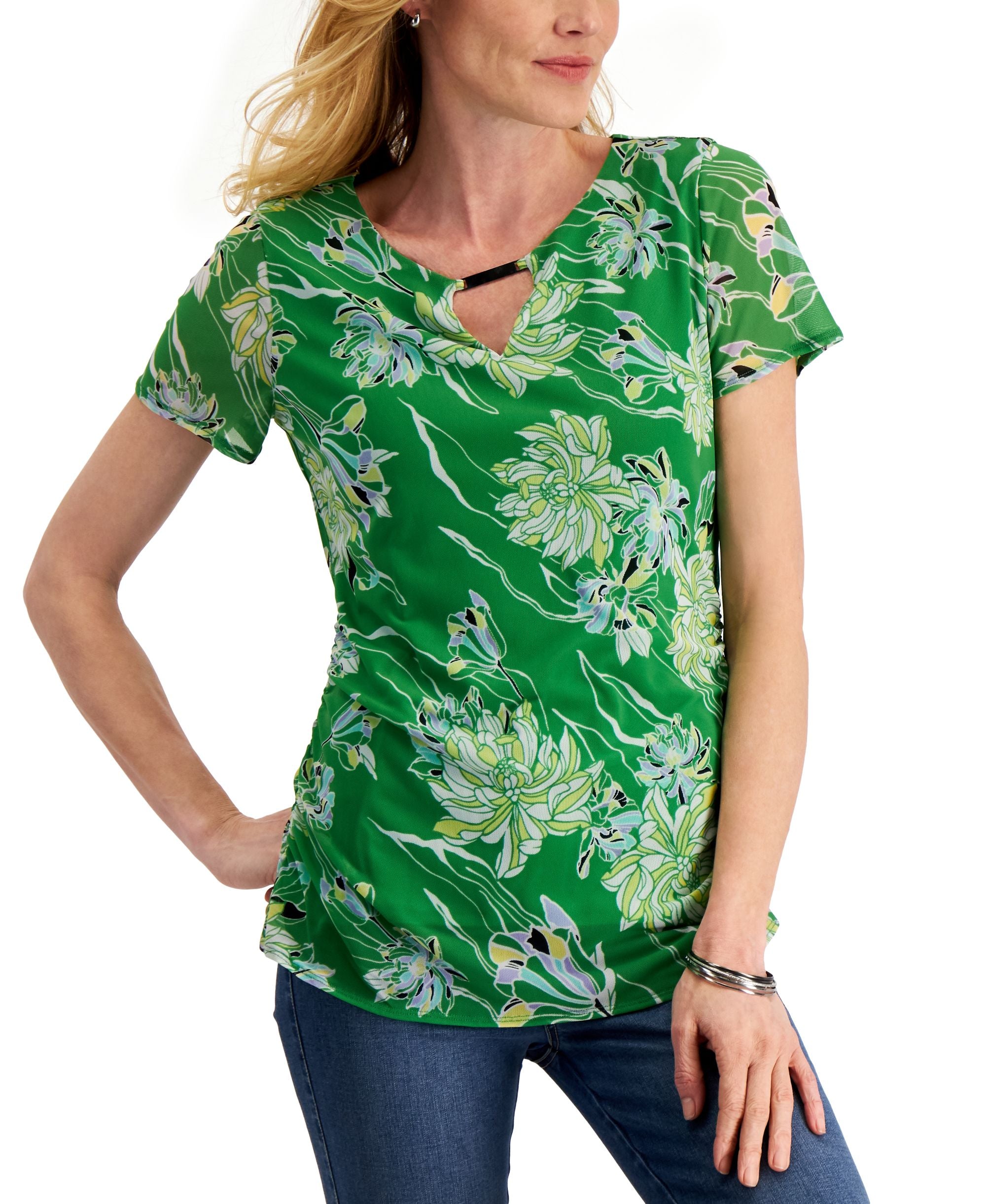 JM Collection Floral Print Keyhole Top