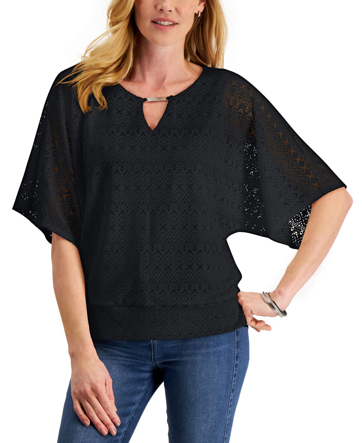 JM Collection Eyelet Poncho Top