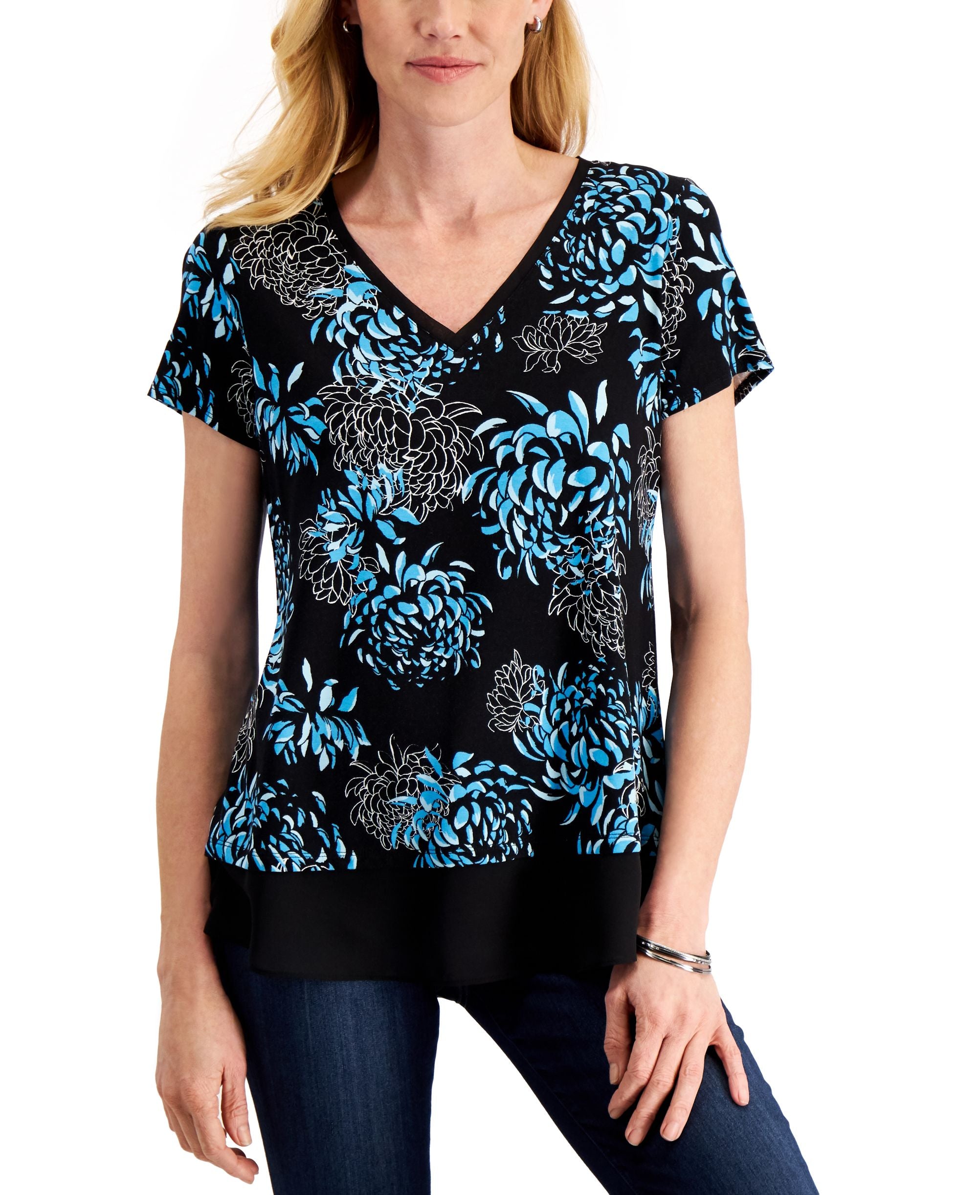JM Collection Floral Print V Neck Top