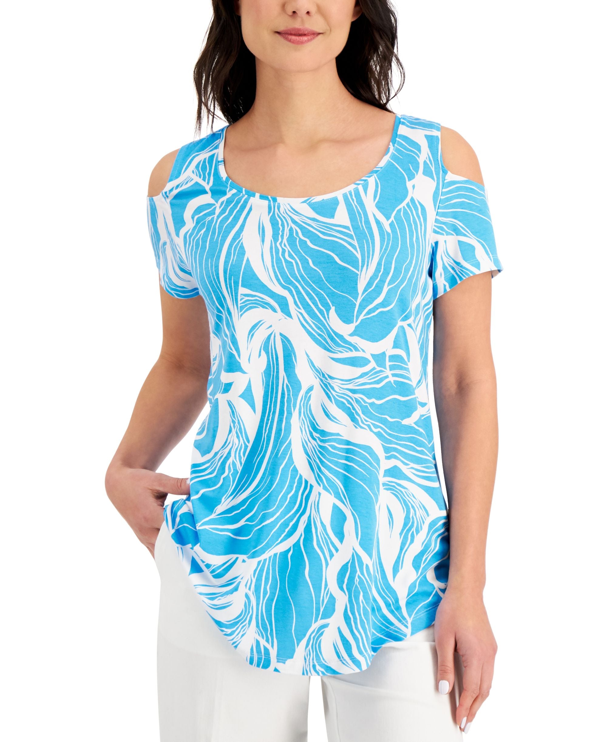 JM Collection Floral Print Cold Shoulder Top