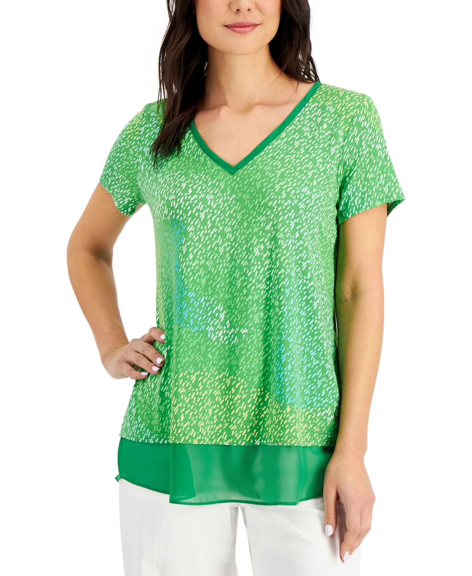 JM Collection Printed V Neck Top