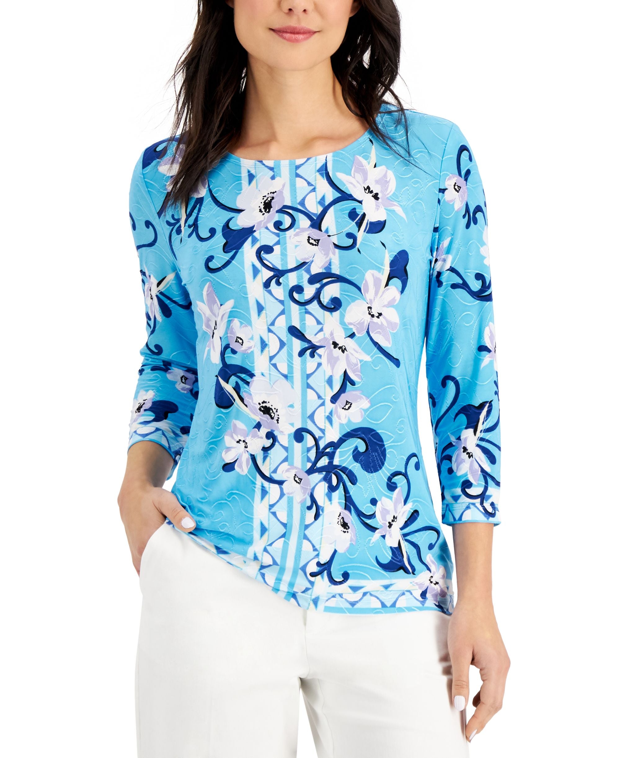 JM Collection Floral Print Jacquard Top